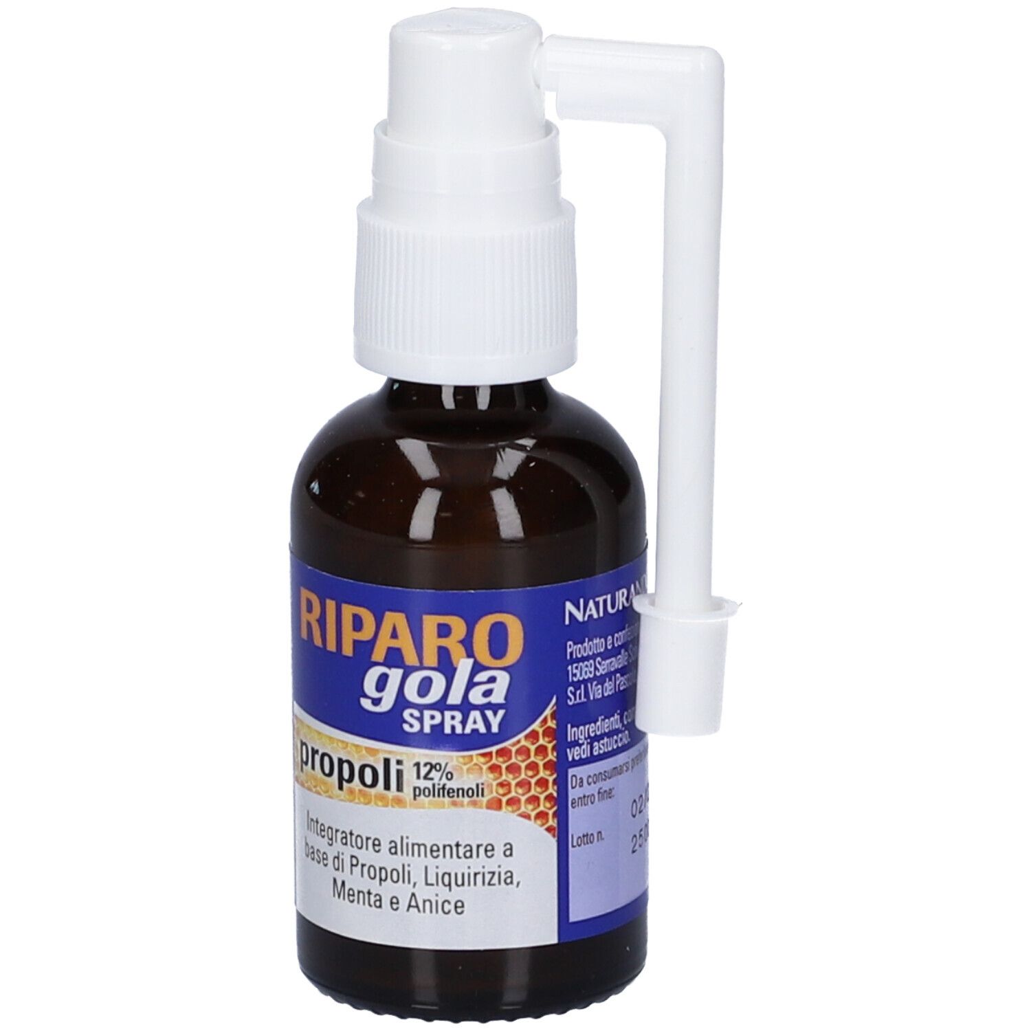 Braune Glasflasche mit weißem Sprühkopf und langem Applikator. Blaue Banderole mit Produktinformationen, u.a. Propolis.