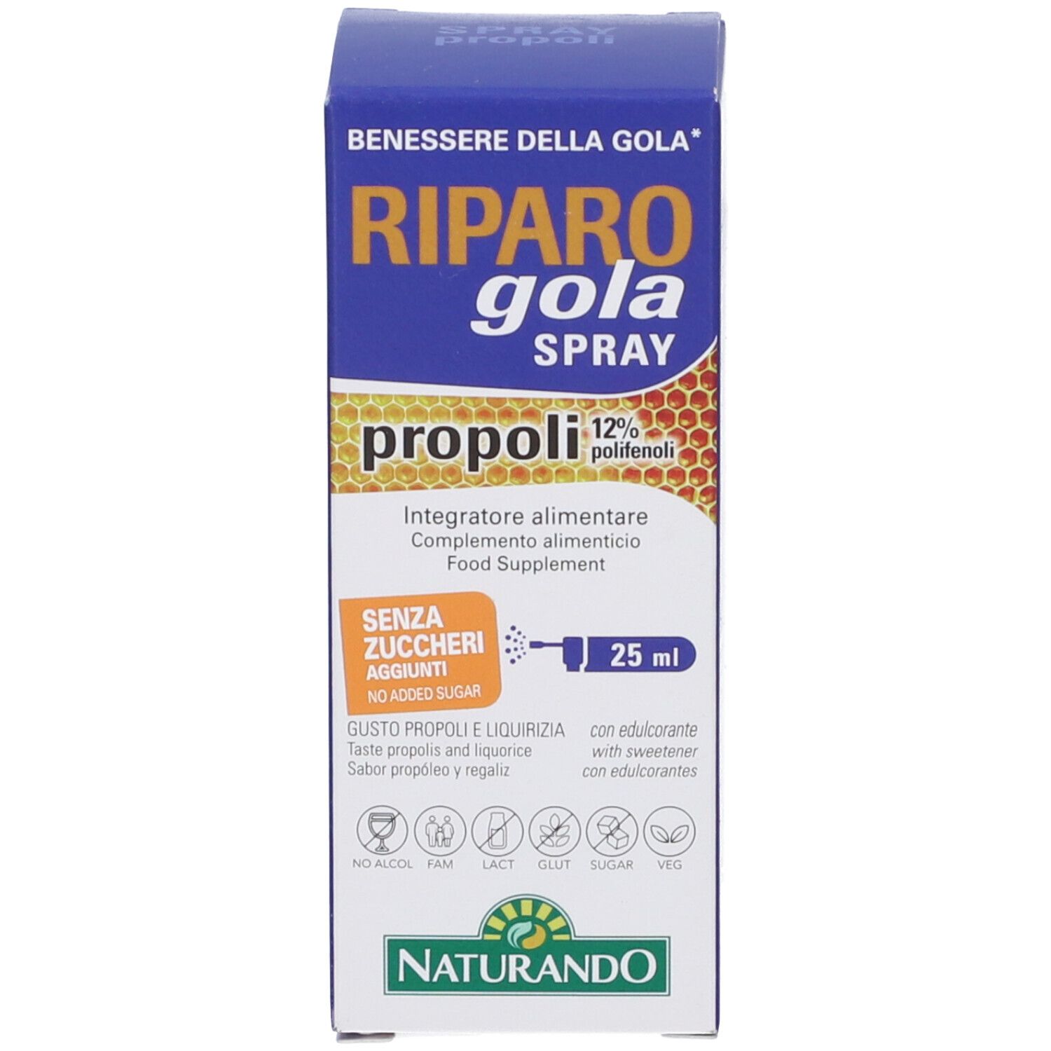 Verpackung für Riparo Gola Spray. Blaue Schachtel mit Produktnamen, Propolis und 25 ml Angabe. Naturando Logo.