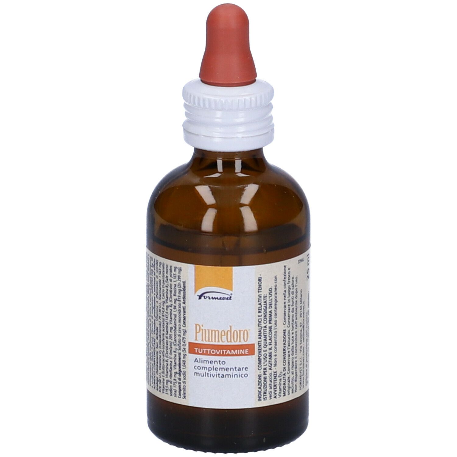 Flacone di vetro marrone con contagocce rosso. Scritta: Piumedoro Tuttovitamine. Integratore per uccelli.