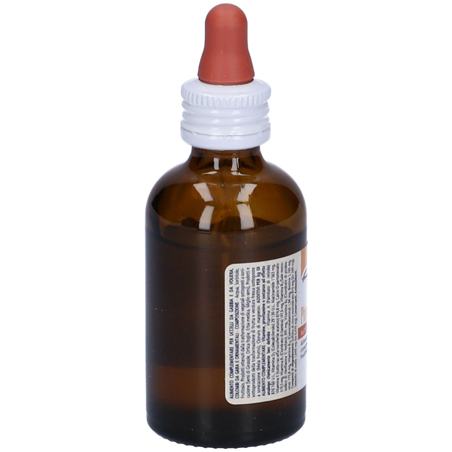 Flacone di vetro marrone con contagocce rosso. Scritta: Piumedoro Tuttovitamine. Integratore per uccelli.