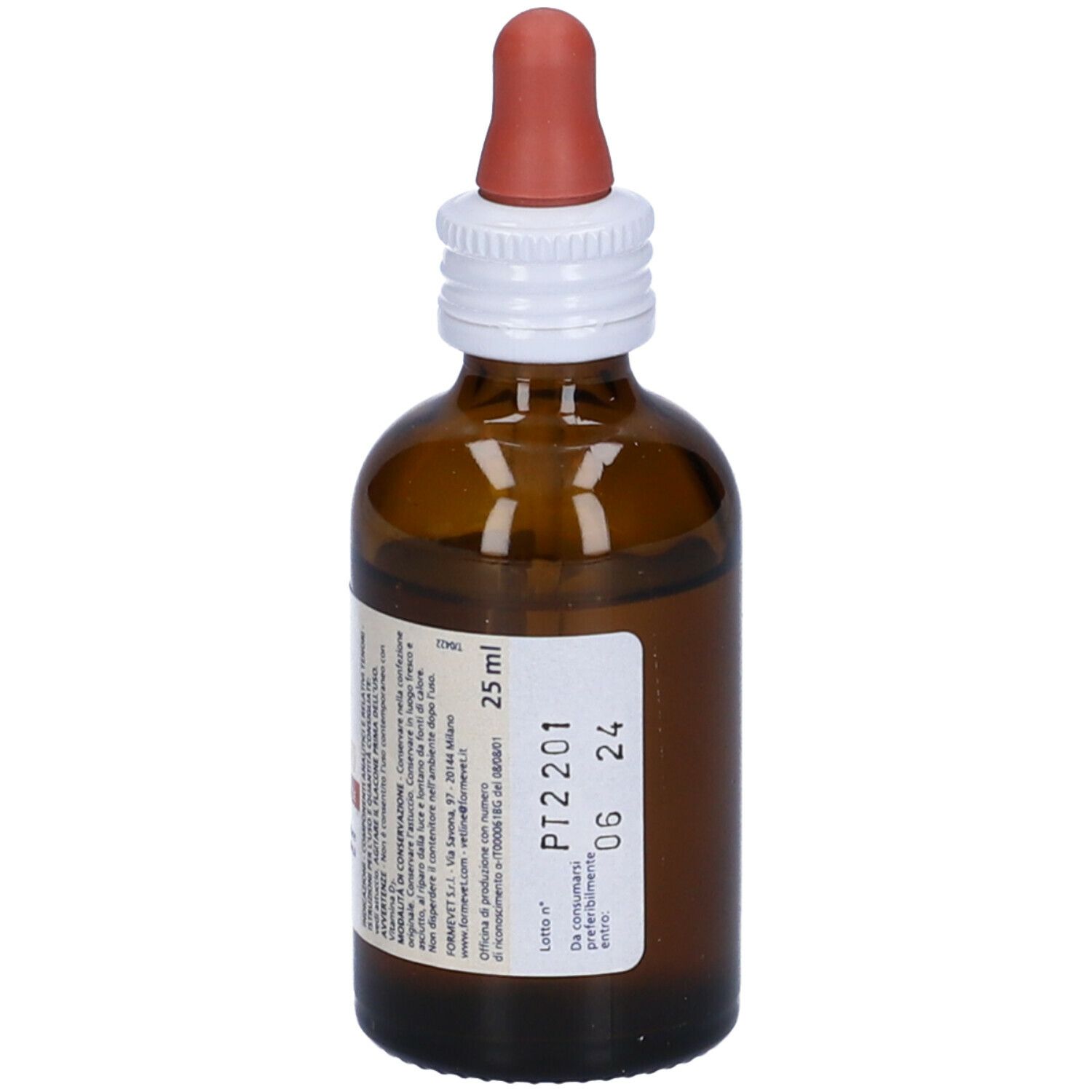 Flacone di vetro marrone con contagocce rosso. Scritta: Piumedoro Tuttovitamine. Integratore per uccelli. 25 ml.