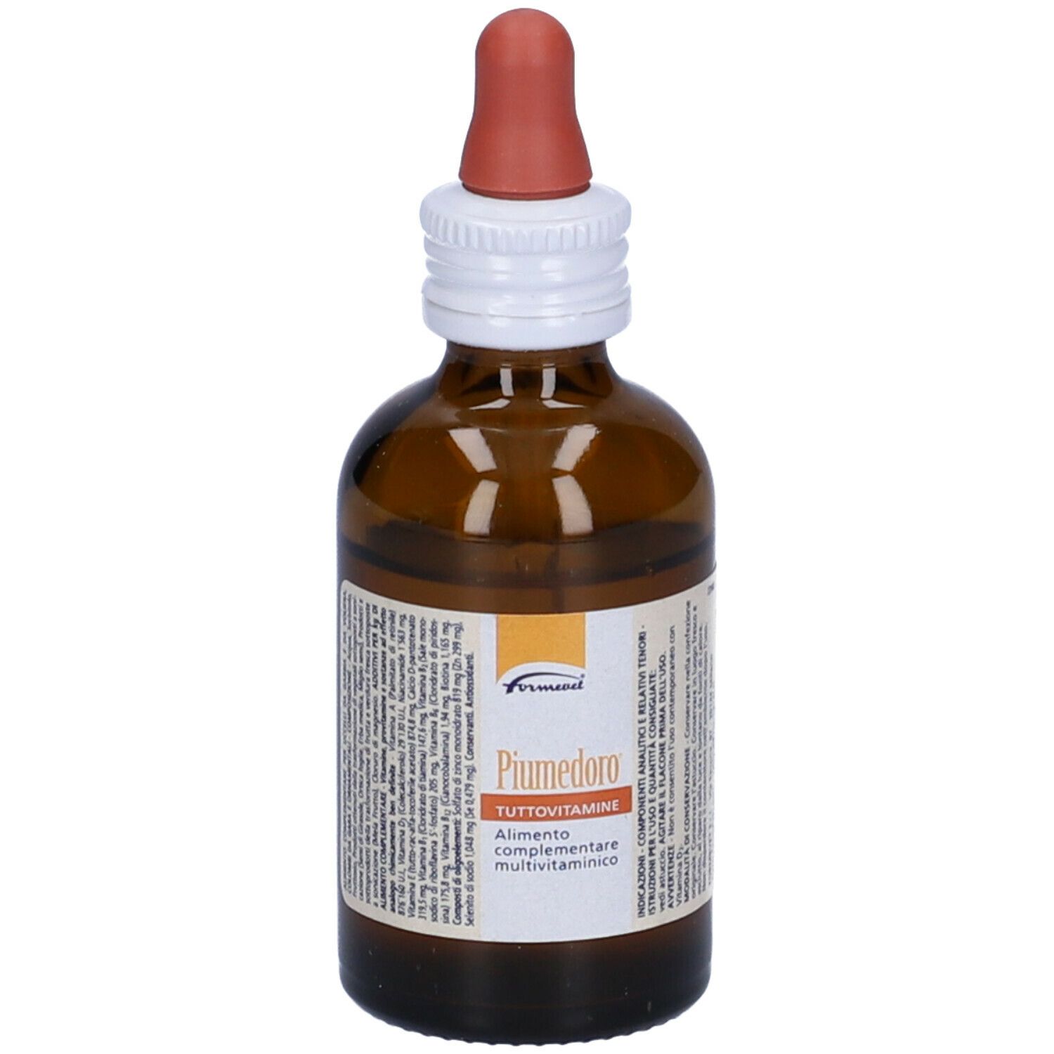 Flacone di vetro marrone con contagocce rosso. Scritta: Piumedoro Tuttovitamine. Integratore per uccelli. 25 ml.