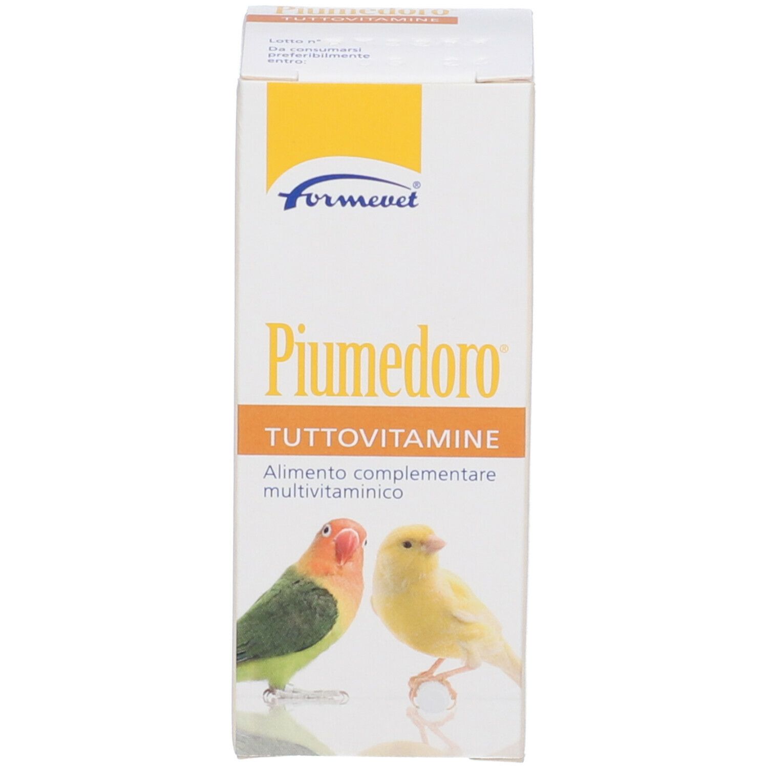 Confezione del prodotto. Scritta: Piumedoro Tuttovitamine. Integratore per uccelli. Immagine di due uccelli.
