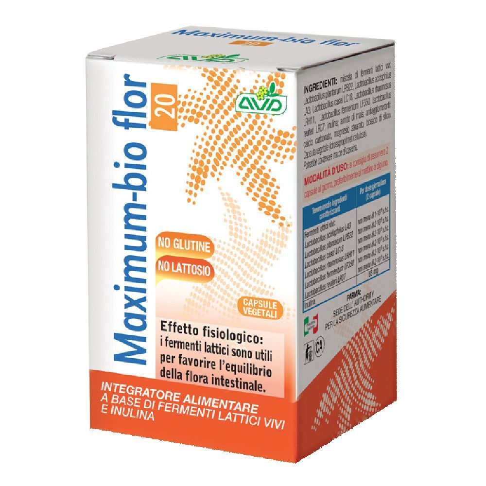 Scatola di capsule AVD Maximum-bio flor 20. Design arancione con nome e loghi del prodotto. Contiene informazioni sugli ingredienti.