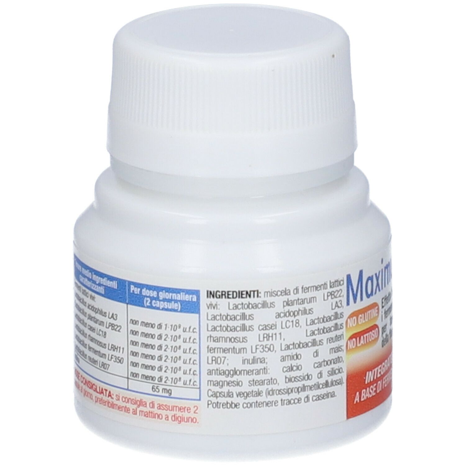 Flacone bianco con tappo a vite. Contiene capsule AVD Maximum-bio flor 20. Etichetta con ingredienti e dosaggio.