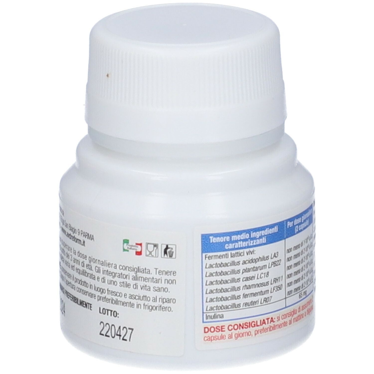 Retro di un flacone bianco con tappo a vite. Contiene capsule AVD Maximum-bio flor 20. Etichetta con informazioni.