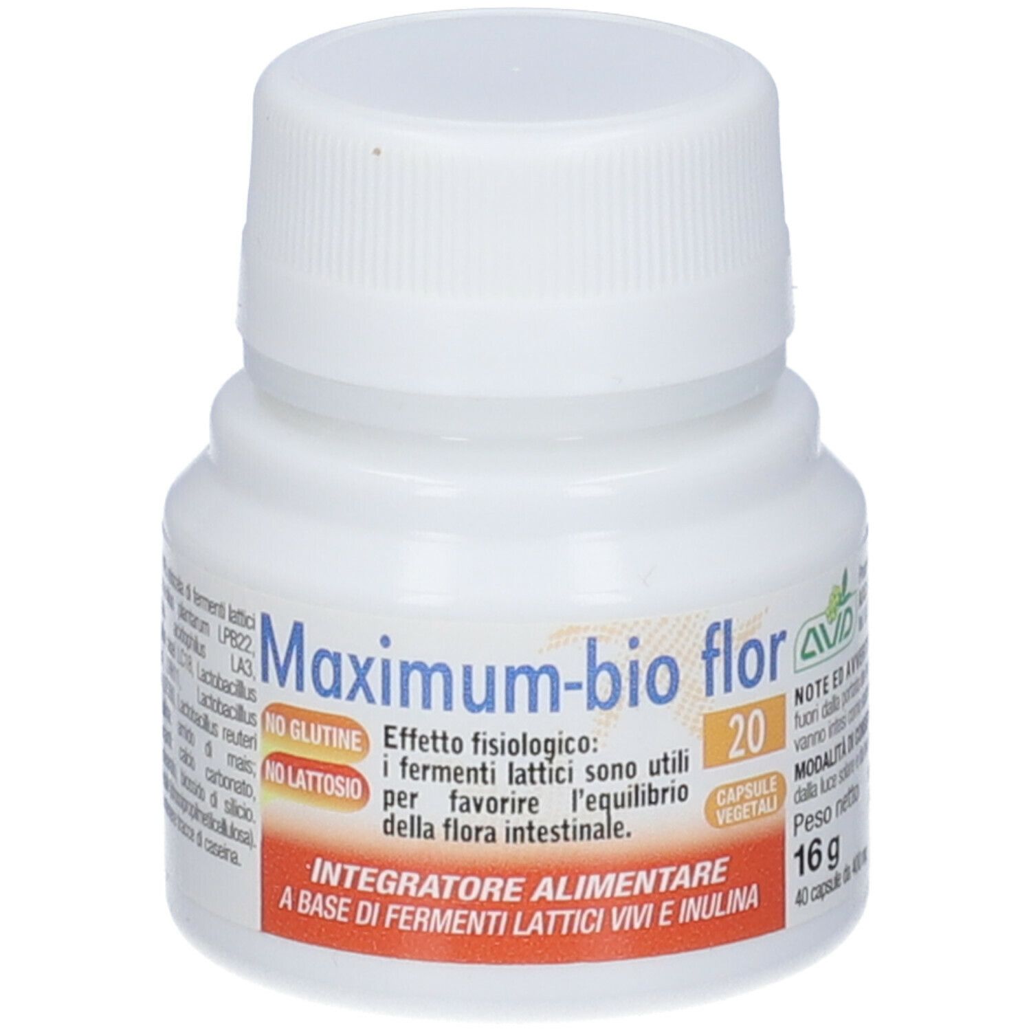 Flacone bianco con tappo a vite. Contiene capsule AVD Maximum-bio flor 20. Etichetta con informazioni sul prodotto.