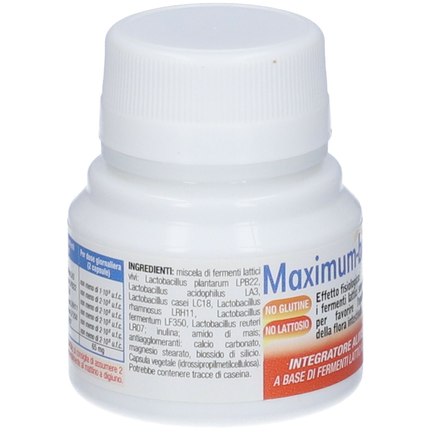 Flacone bianco con tappo a vite. Contiene capsule AVD Maximum-bio flor 20. Etichetta con ingredienti e dosaggio.