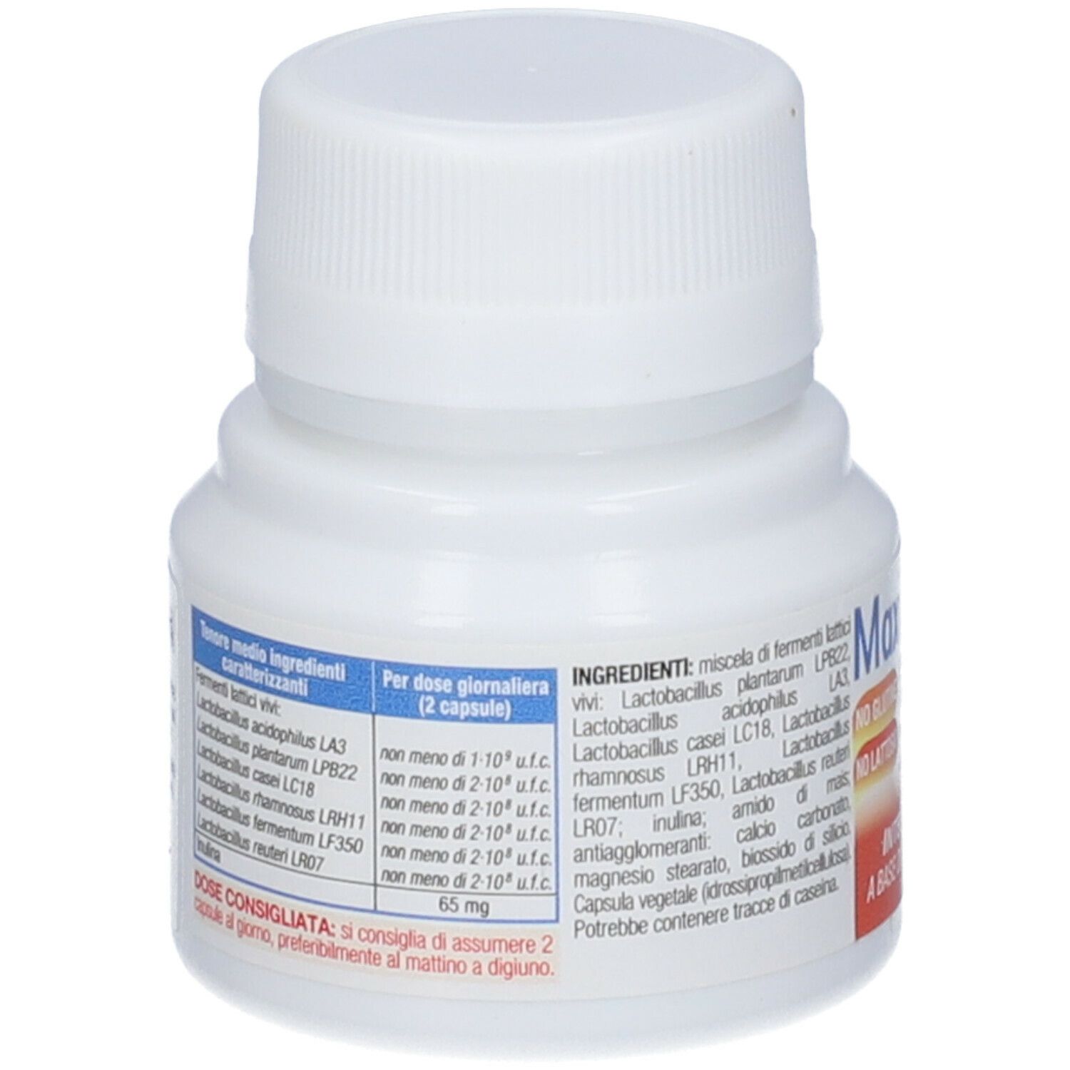 Retro di un flacone bianco con tappo a vite. Contiene capsule AVD Maximum-bio flor 20. Etichetta con ingredienti.