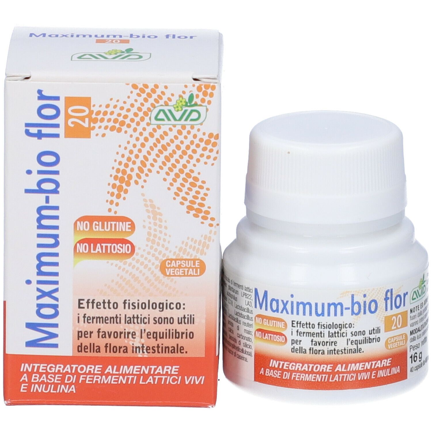 Scatola e flacone di capsule AVD Maximum-bio flor 20. Entrambi mostrano nome e loghi del prodotto. Flacone accanto.