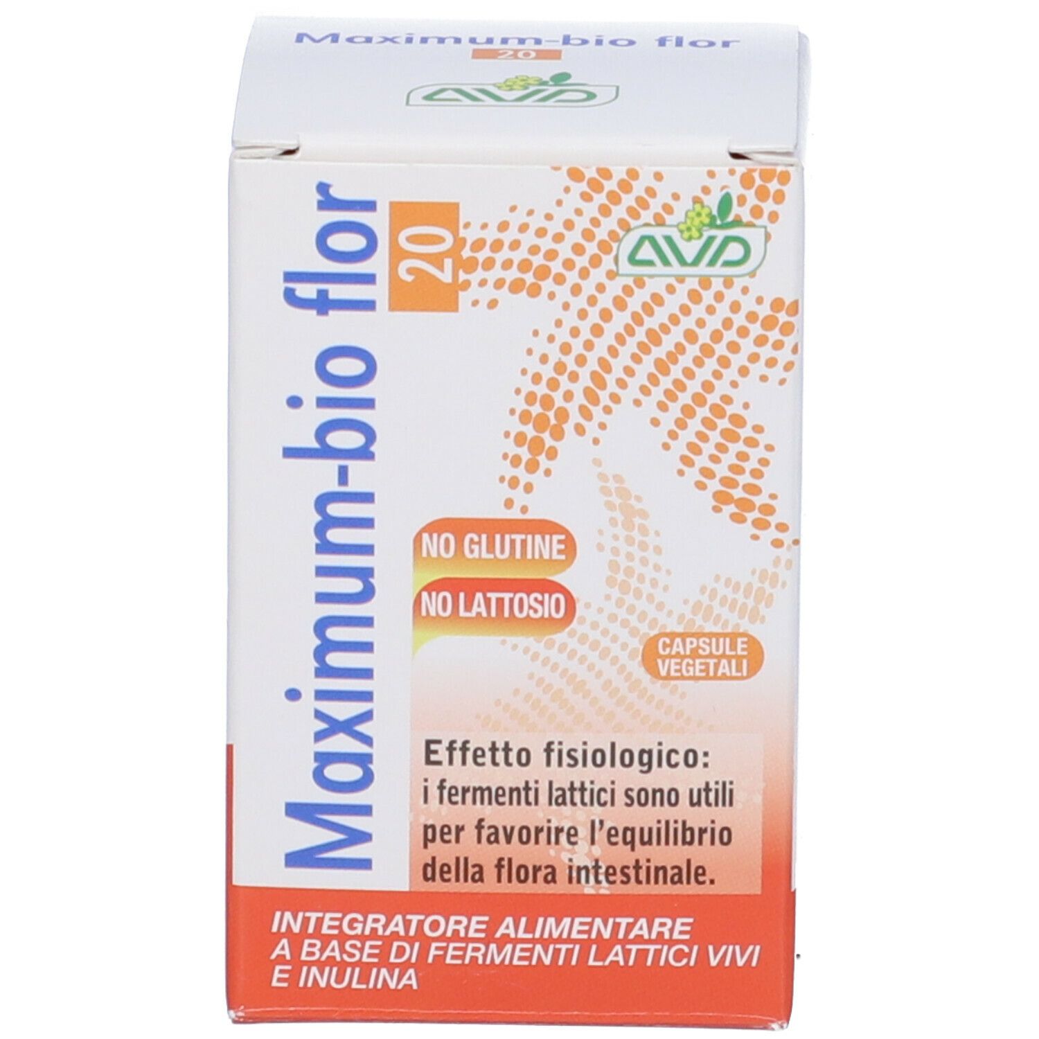Scatola di capsule AVD Maximum-bio flor 20. Design arancione con nome e loghi del prodotto. Contiene informazioni.