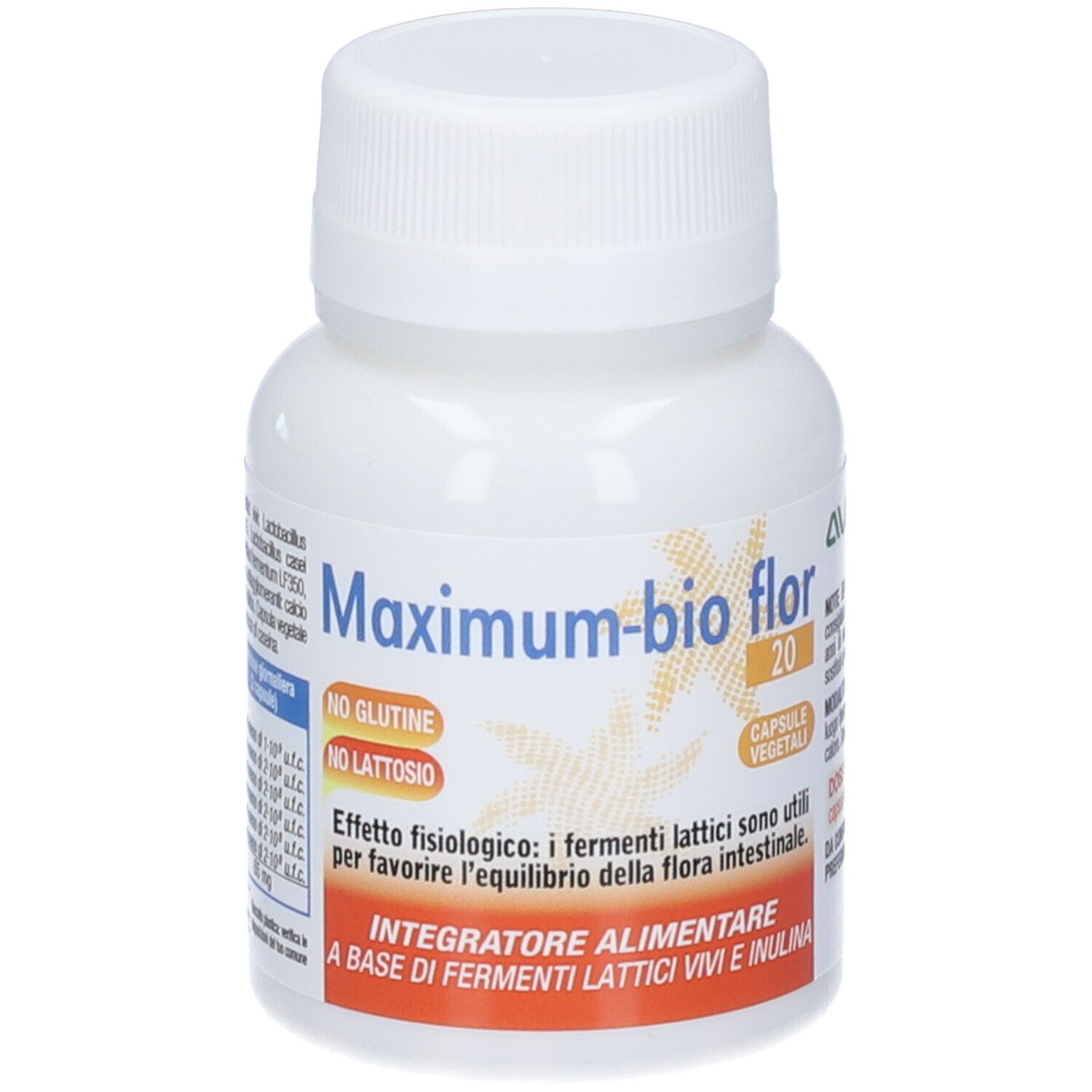 Flacone bianco Maximum-bio flor 20. Scritte: Senza glutine, senza lattosio. Integratore alimentare.