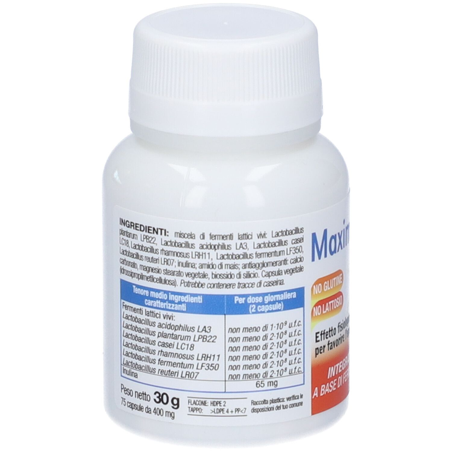 Flacone bianco Maximum-bio flor 20. Ingredienti e informazioni nutrizionali sul retro.