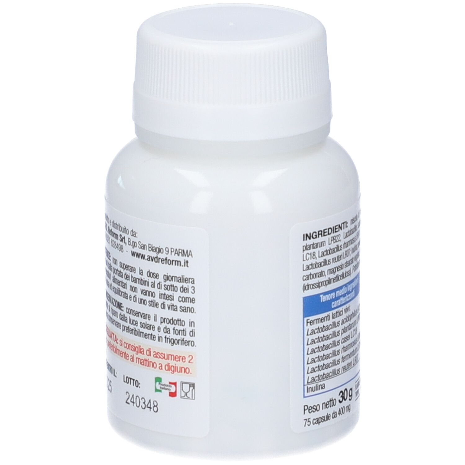 Flacone bianco Maximum-bio flor 20. Ingredienti e dosaggio sul retro.