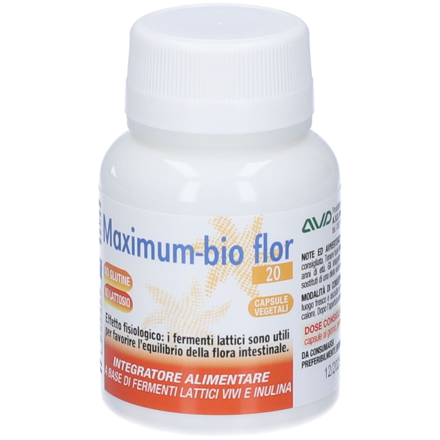 Flacone bianco Maximum-bio flor 20. Scritte: Senza glutine, senza lattosio. Integratore alimentare.