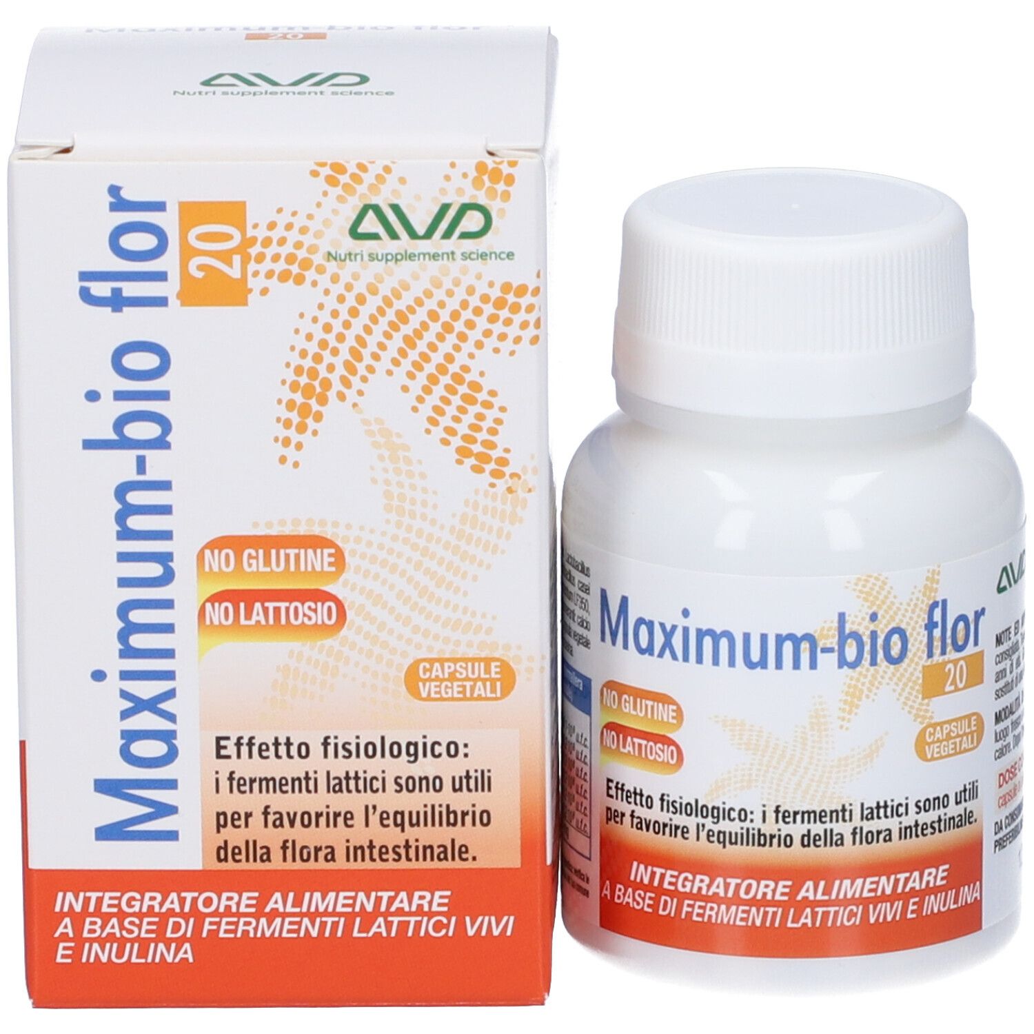 Confezione e flacone. Scritte: Maximum-bio flor 20, senza glutine, senza lattosio. Integratore alimentare.