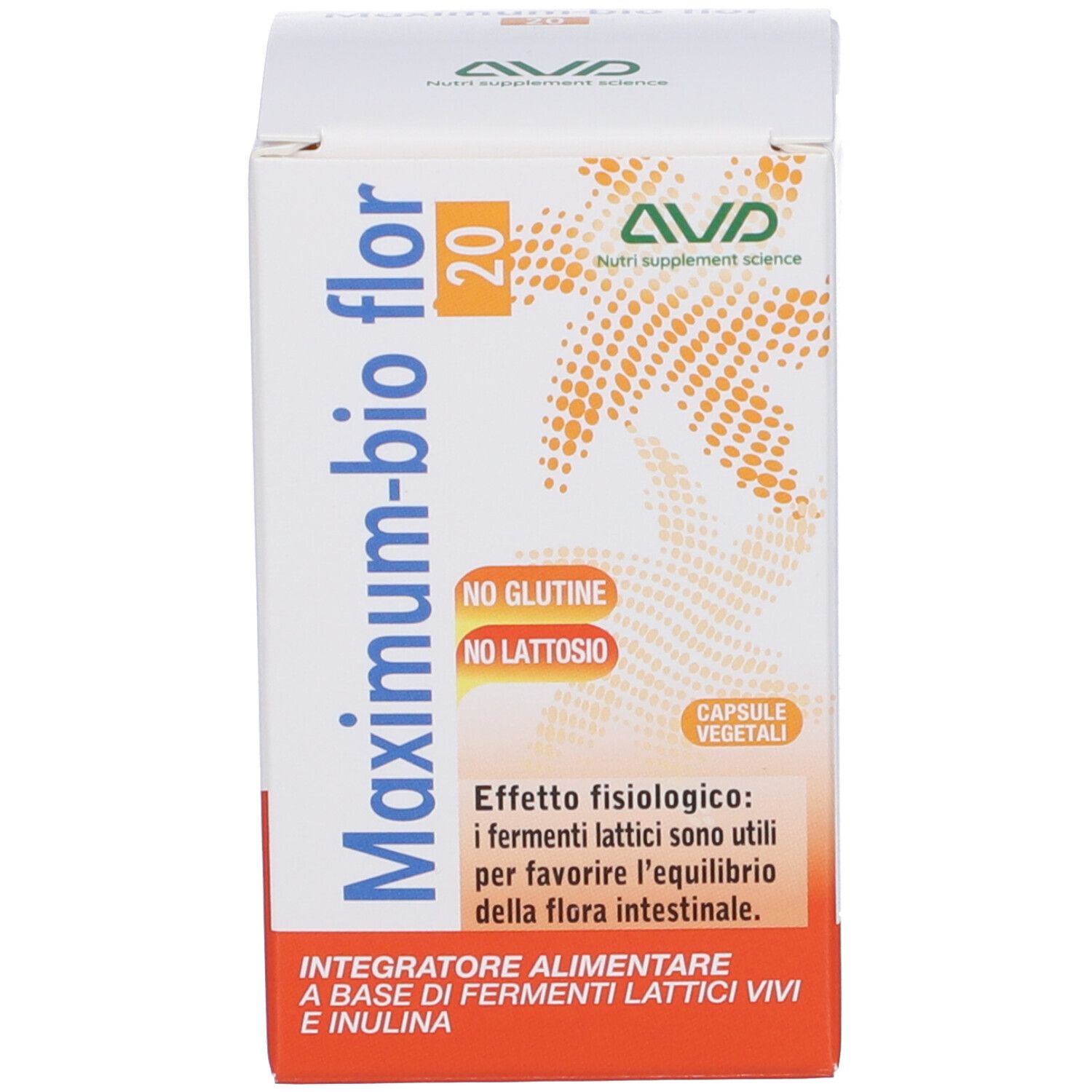 Confezione del prodotto. Scritte: Maximum-bio flor 20, senza glutine, senza lattosio. Integratore alimentare.