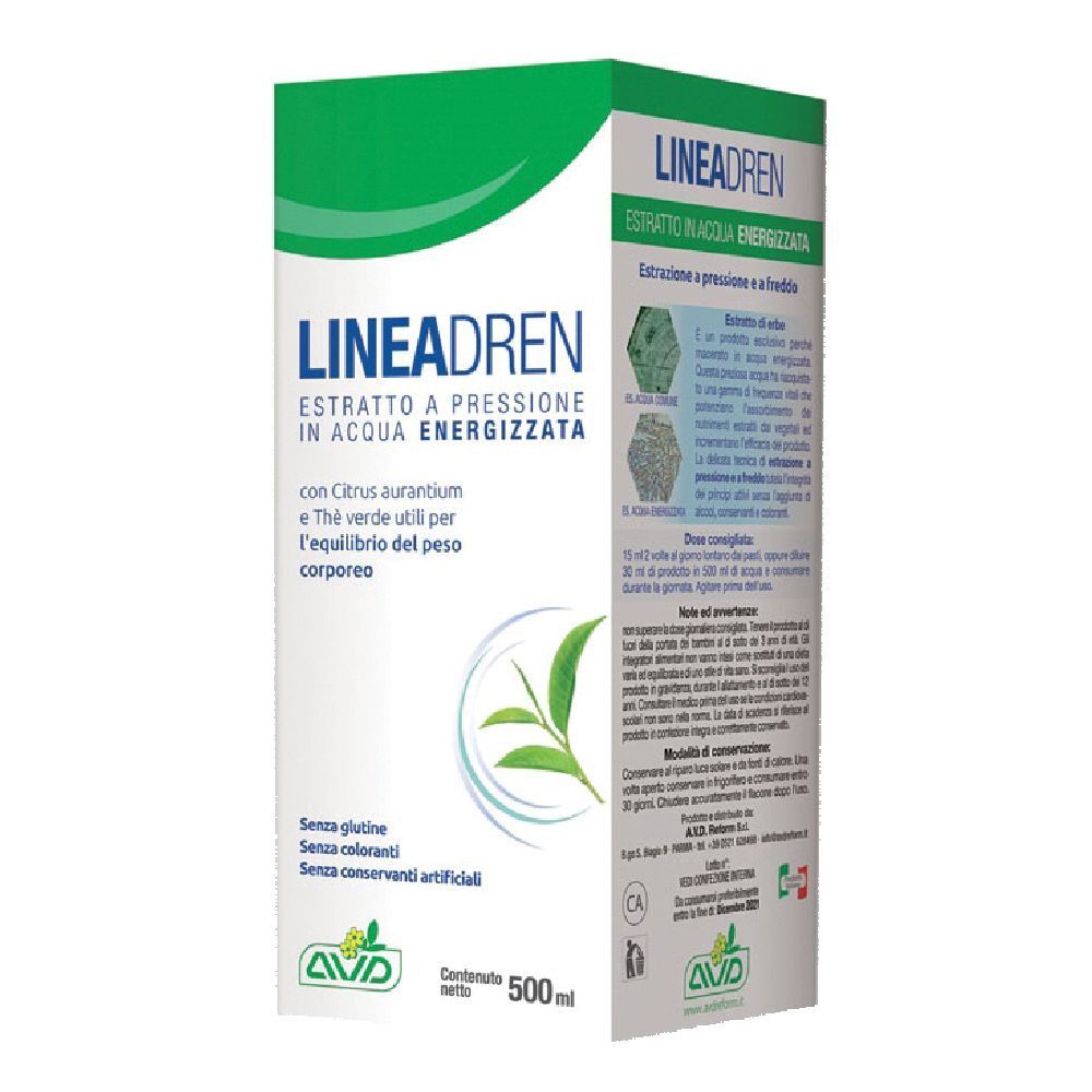 Confezione verde con nome LINEADREN. Testo: Estratto in acqua energizzata. Contiene Citrus aurantium e tè verde. Logo AVD.