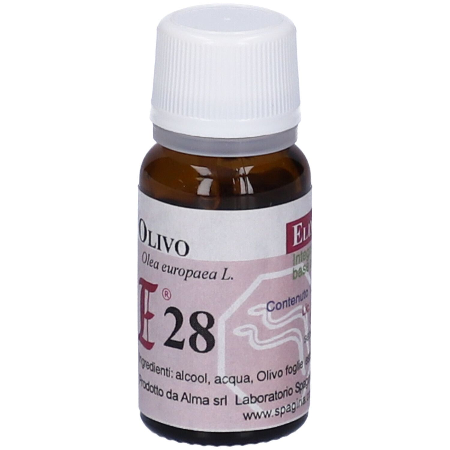 Flacone di vetro marrone con tappo bianco. Etichetta con testo "E28 Olivo".