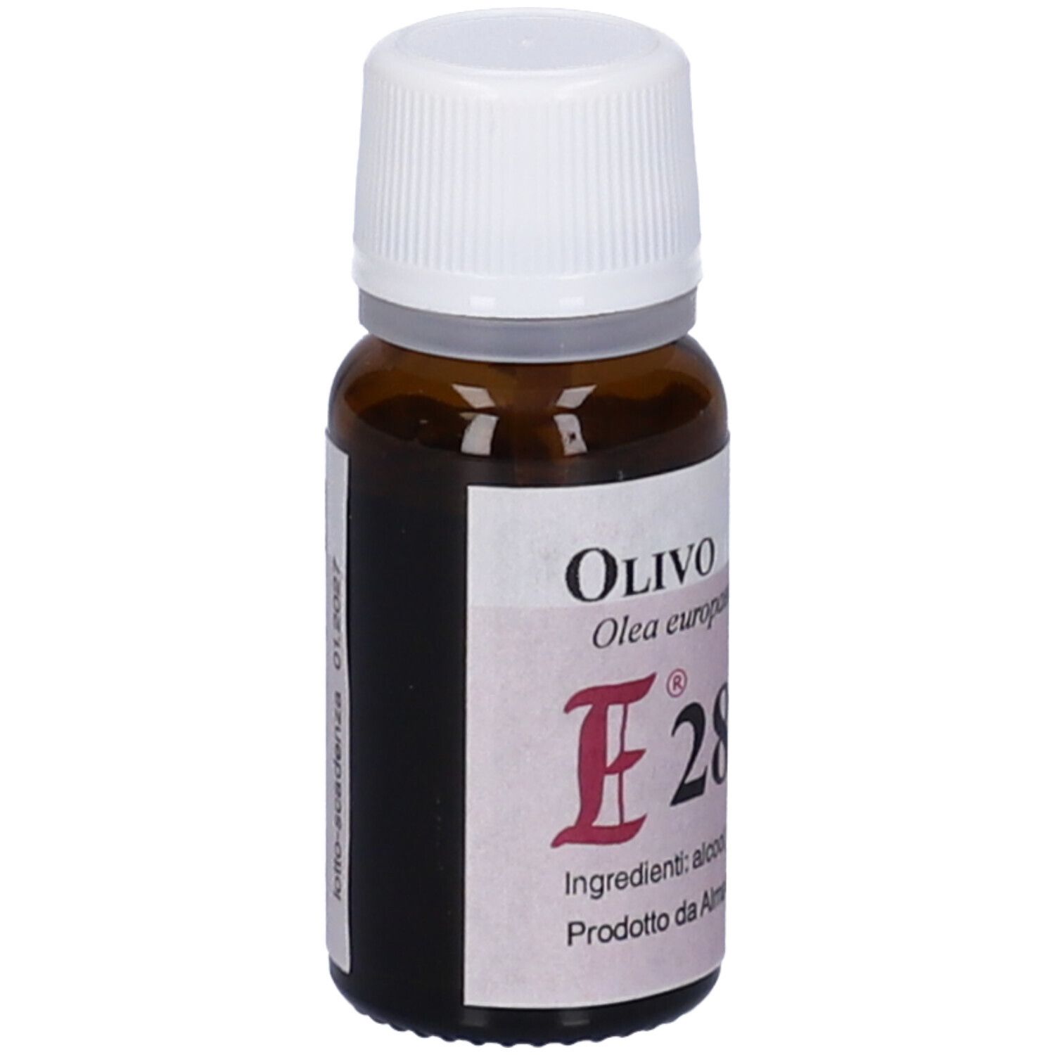 Flacone di vetro marrone con tappo bianco. Etichetta con testo "E28 Olivo".