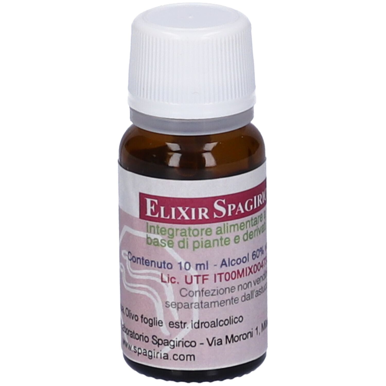 Flacone di vetro marrone con tappo bianco. Etichetta con testo "Elixir Spagirico".
