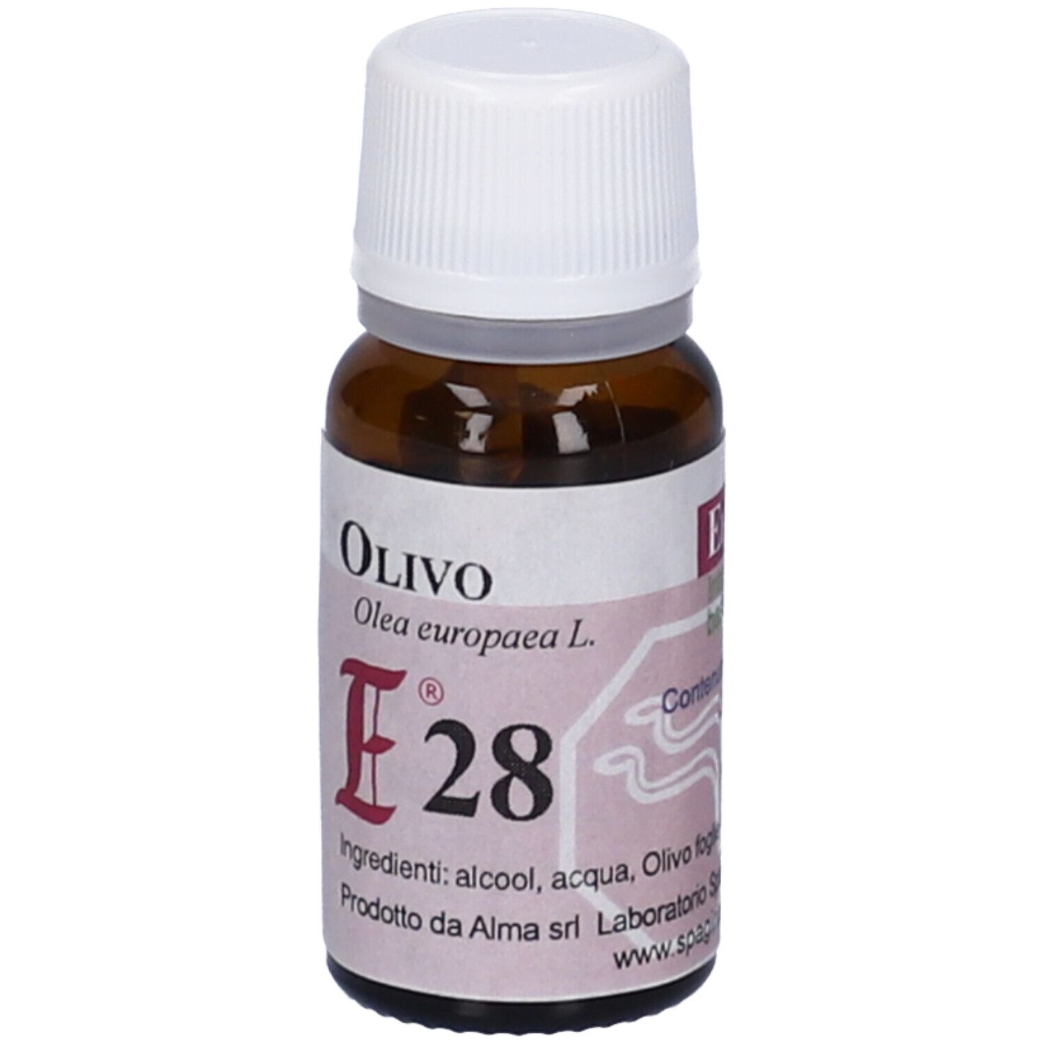 Flacone di vetro marrone con tappo bianco. Etichetta con testo "Olivo E28".