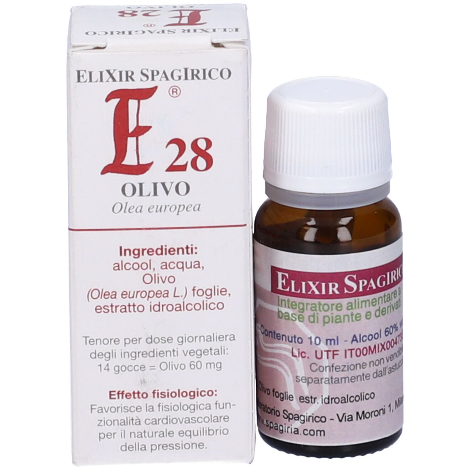 Flacone di vetro marrone e scatola. Sulla scatola: "E28 Olivo".