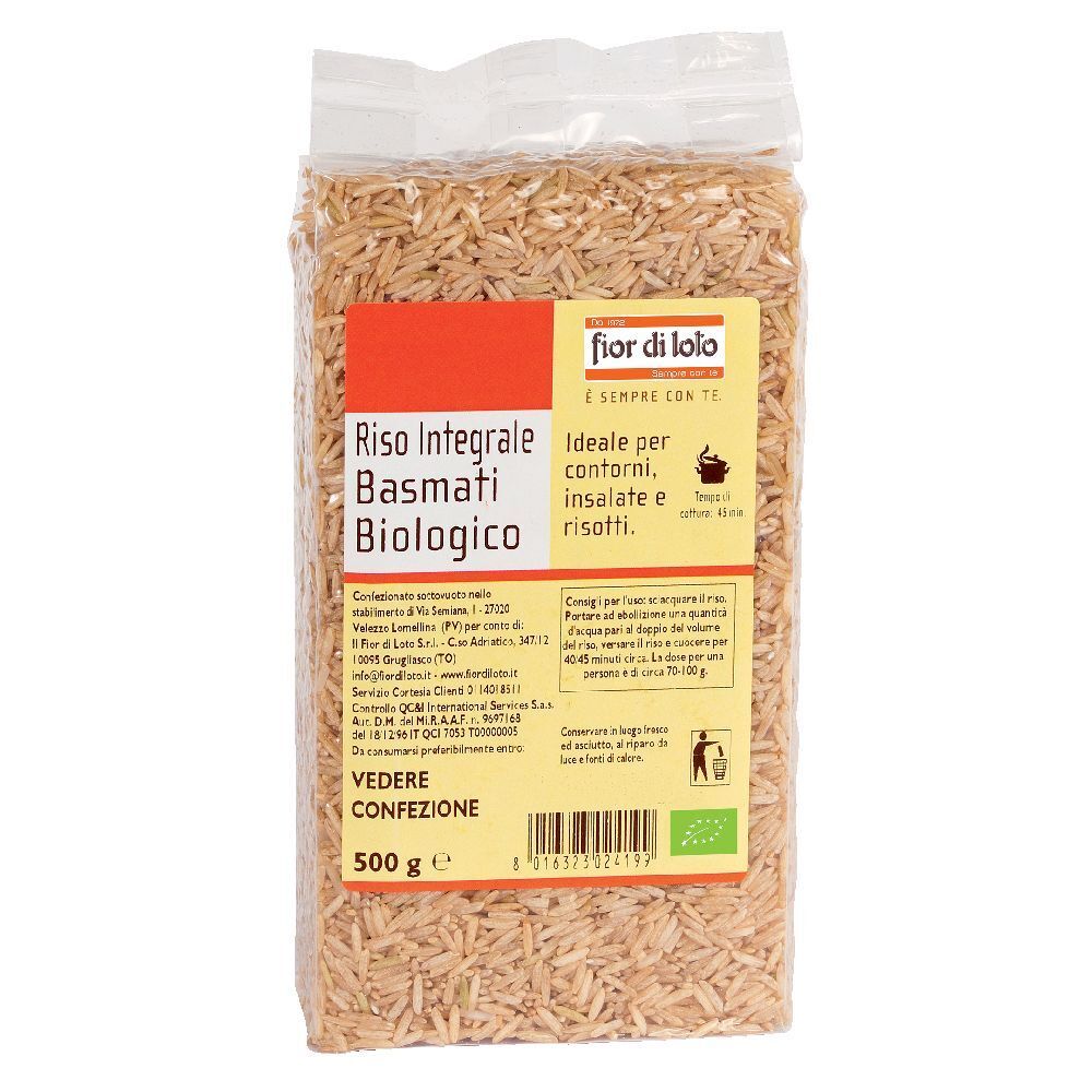 Confezione di riso basmati integrale biologico. Scritta: Riso Integrale Basmati Biologico. Certificazione bio. 500g.