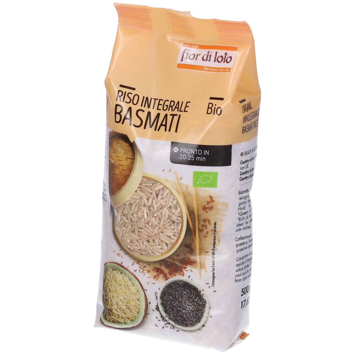Confezione di riso basmati integrale bio. Scritta: Riso Integrale Basmati Bio. Certificazione bio. 500g. Pronto in 20-25 min.