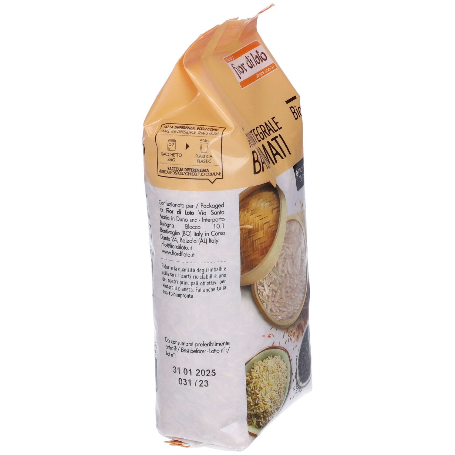 Confezione di riso basmati integrale. Scritta: Riso Integrale Basmati. Certificazione bio. 500g. Da consumare preferibilmente entro il 31/01/2025.