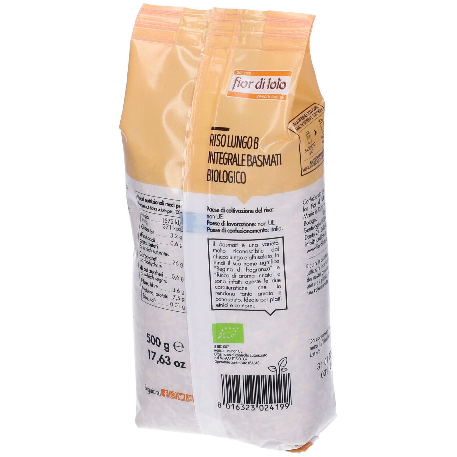 Due confezioni di riso basmati integrale. Scritta: Riso Lungo B Integrale Basmati Biologico. Certificazione bio. 500g.