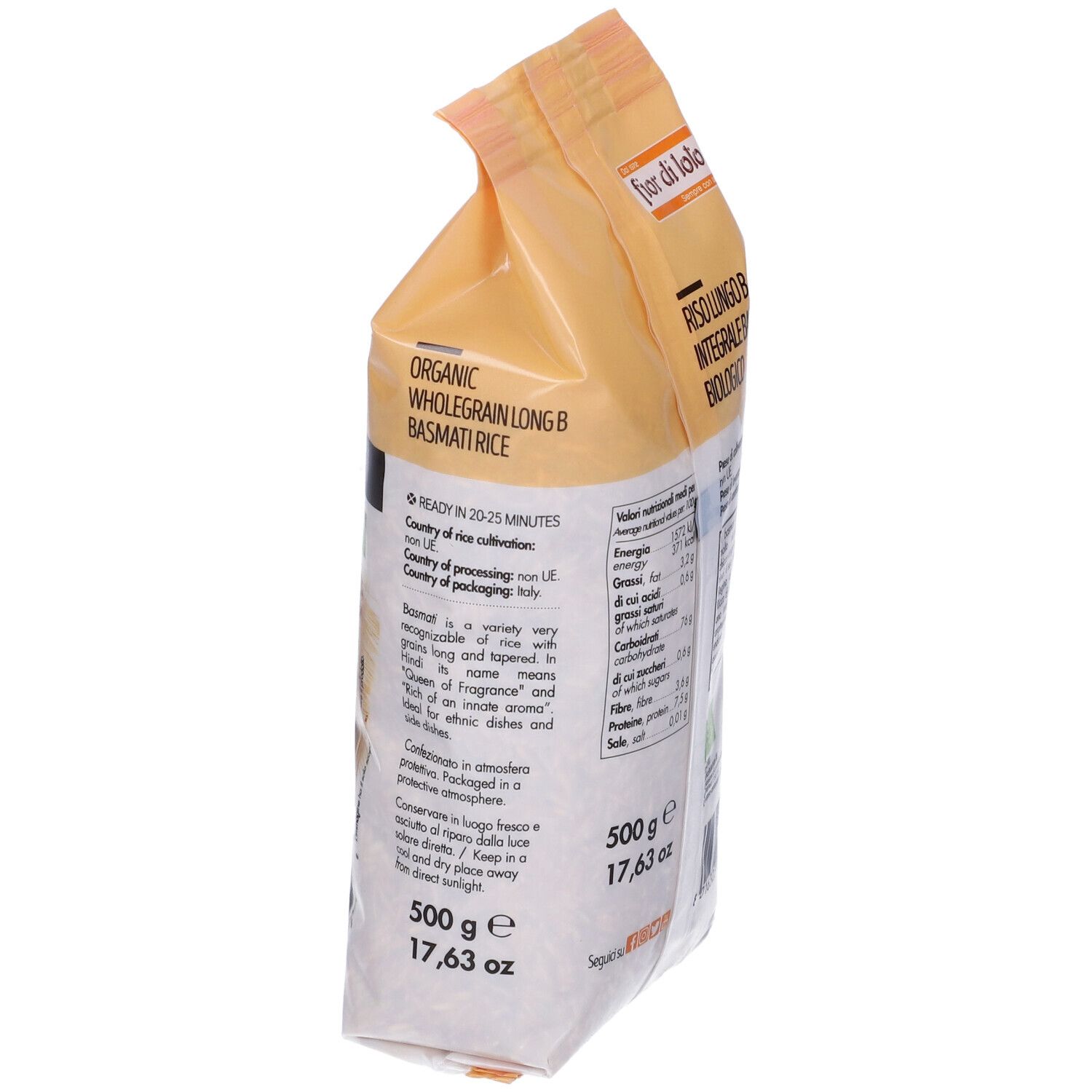 Confezione di riso basmati integrale bio. Scritta: Organic Wholegrain Long B Basmati Rice. 500g. Pronto in 20-25 minuti.