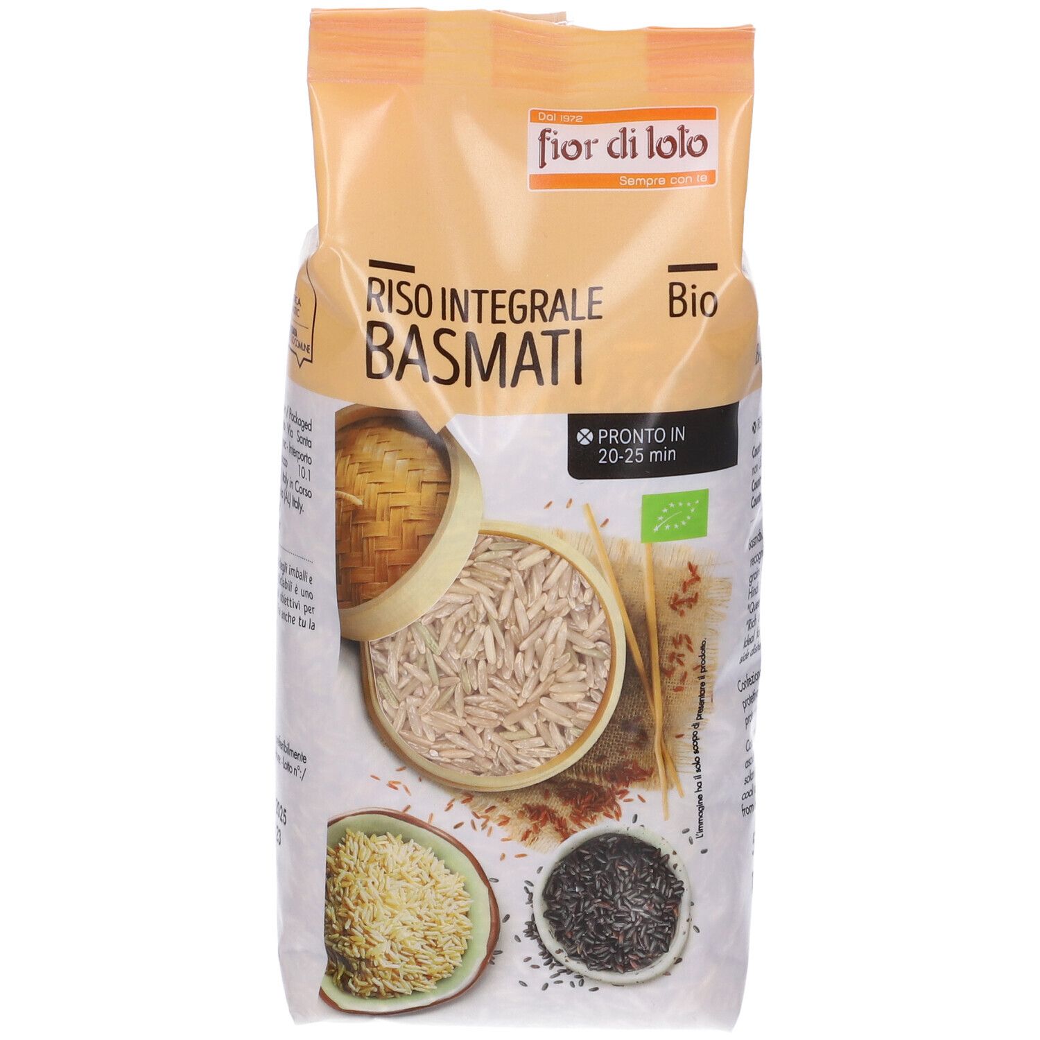 Confezione di riso basmati integrale bio. Scritta: Riso Integrale Basmati Bio. Certificazione bio. 500g. Pronto in 20-25 minuti.