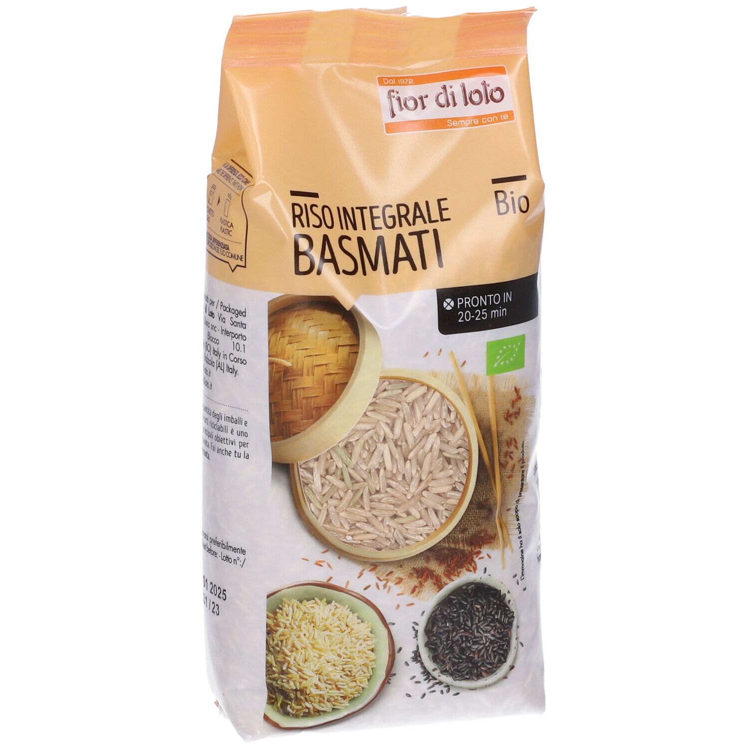 Confezione di riso basmati integrale bio. Scritta: Riso Integrale Basmati Bio. Certificazione bio. 500g. Pronto in 20-25 minuti.