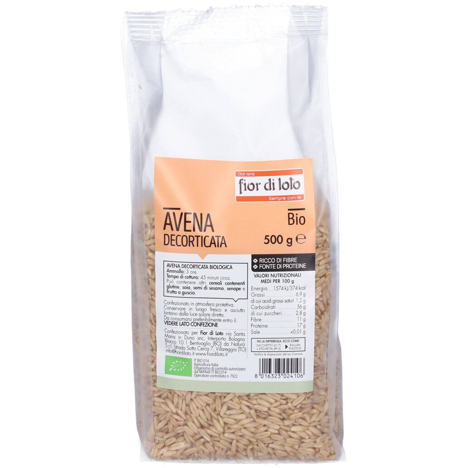 Confezione trasparente con "Avena Decorticata Bio". Contiene 500g. Sigillo bio. Testo e informazioni nutrizionali su etichetta bianca.