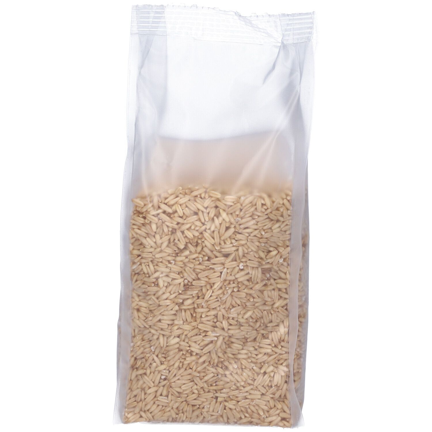 Confezione trasparente rettangolare piena di chicchi di cereali. Aperta in alto, contenuto visibile. Su sfondo chiaro.