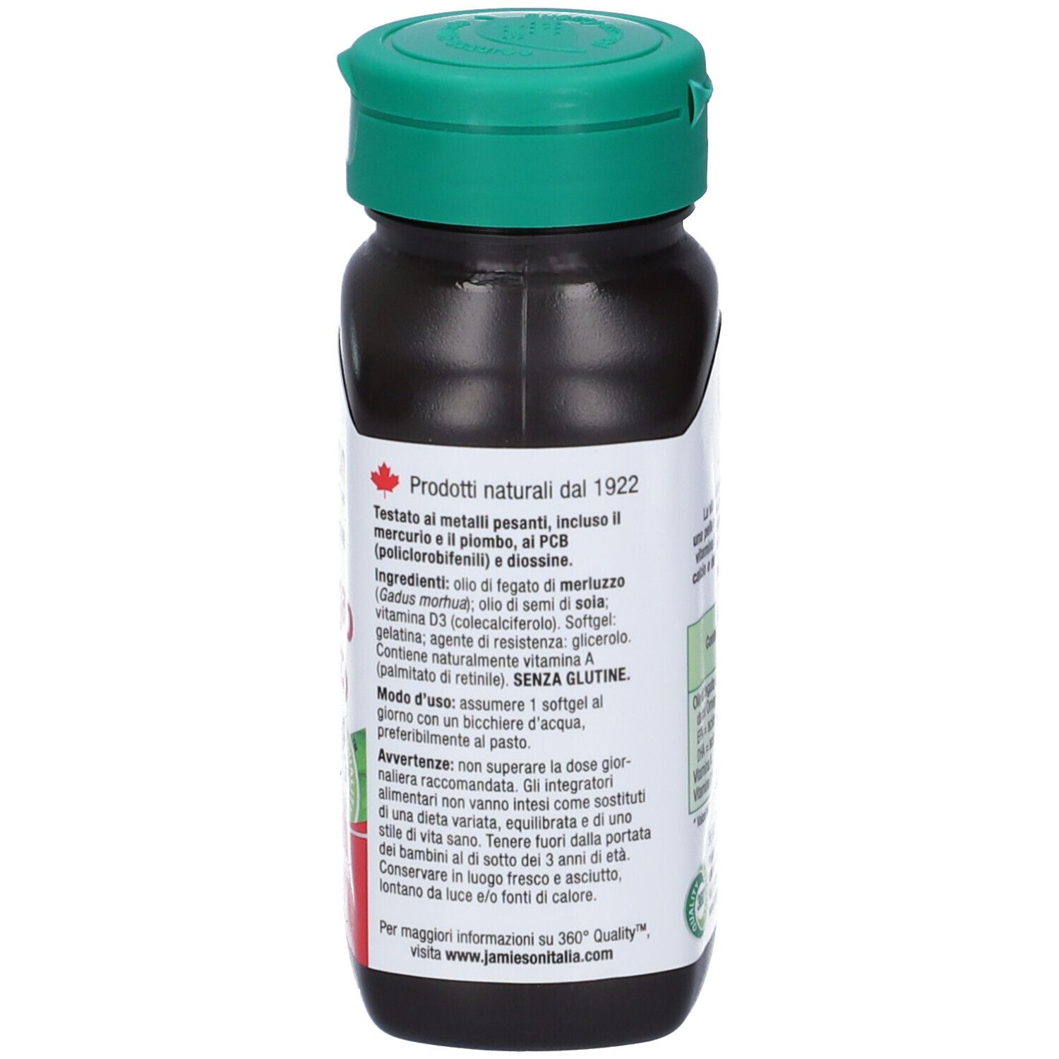 Dunkle Flasche mit grünem Deckel, Rückseite mit Produktinformationen, Inhaltsstoffen und Anwendungshinweisen.
