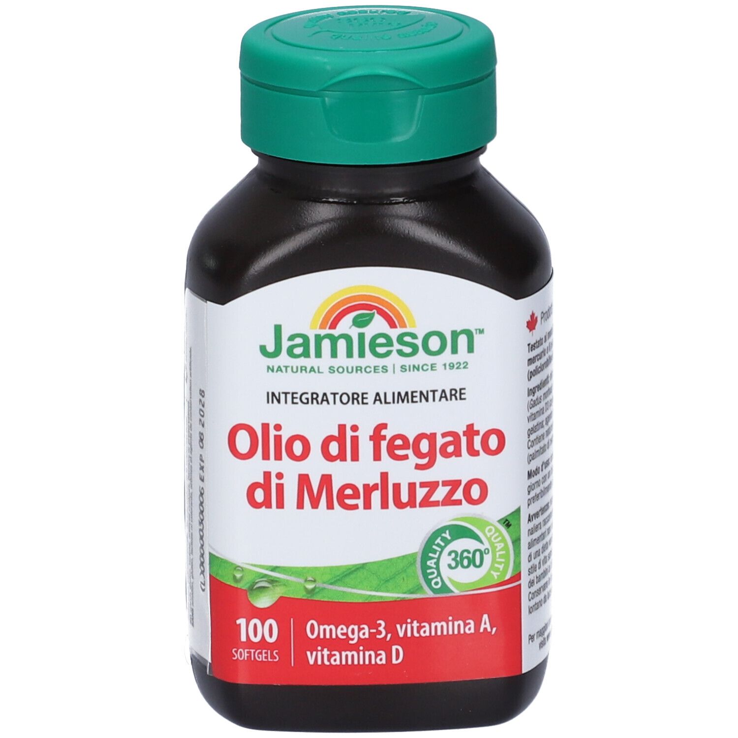 Flasche mit grünem Deckel, Etikett mit 'Jamieson Olio di fegato di Merluzzo', 100 Softgels, Omega-3, Vitamine A, D.