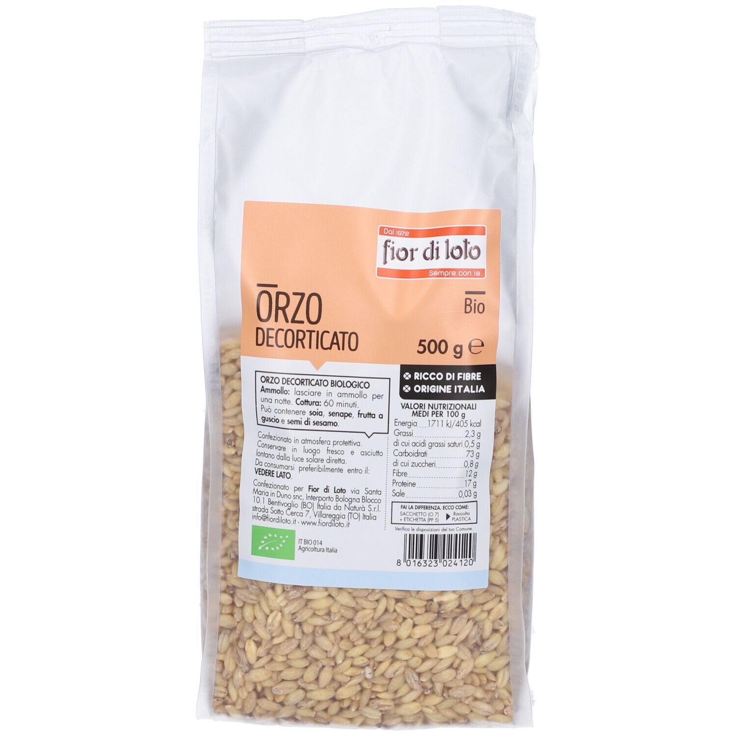 Confezione di Orzo Decorticato. Scritte: 'Orzo Decorticato Bio', '500 g'. Tabella nutrizionale. Testo: 'Ricco di fibre'. Marchio bio.