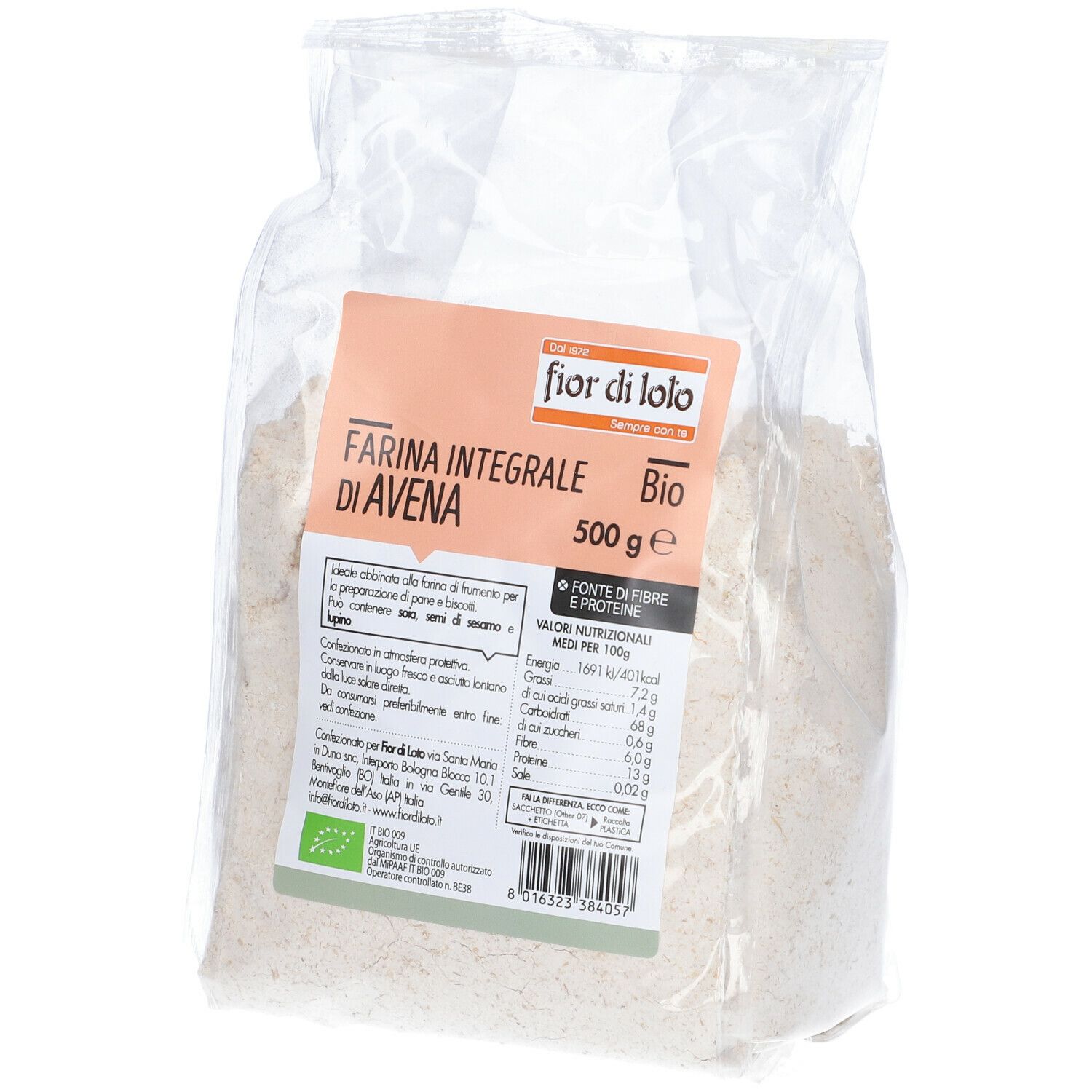 Confezione trasparente di Fior di Loto Farina Integrale di Avena Biologica. Etichetta con informazioni e logo bio. 500g.