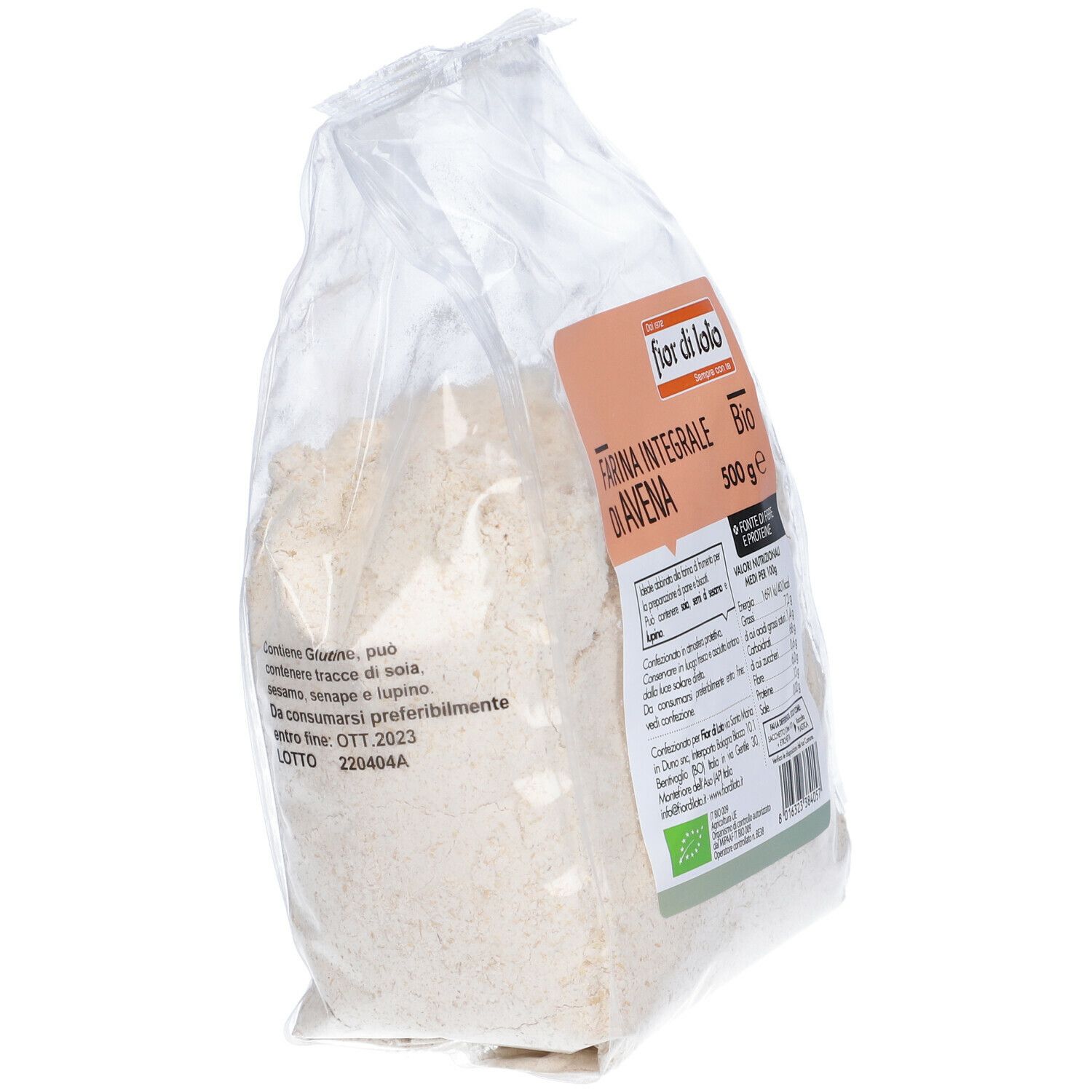 Confezione trasparente di Fior di Loto Farina Integrale di Avena Biologica. Etichetta con informazioni. 500g.