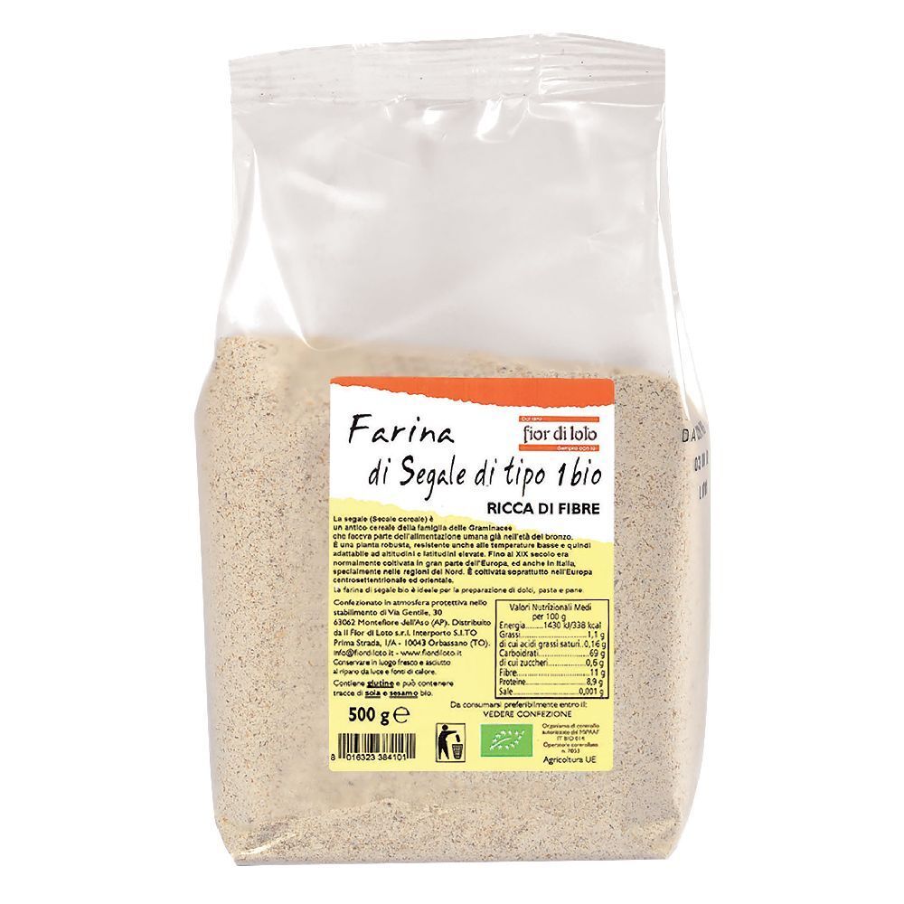 Confezione di farina di segale Fior di Loto. Scritta: Farina di Segale di tipo 1 bio, ricca di fibre. Contiene 500 g. Con marchio bio.