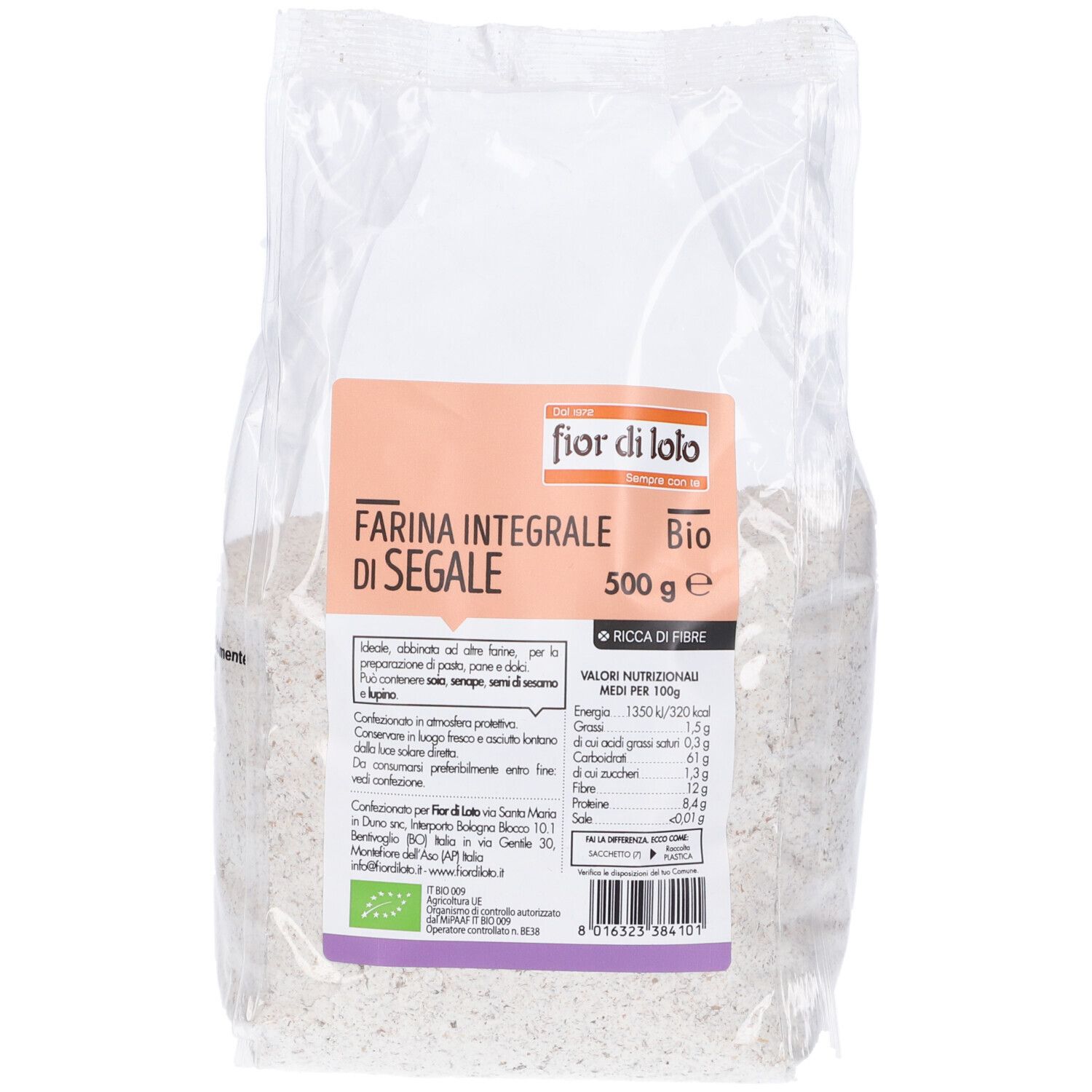 Confezione di farina integrale di segale Fior di Loto. Scritta: Farina Integrale di Segale bio. Contiene 500 g. Con marchio bio.