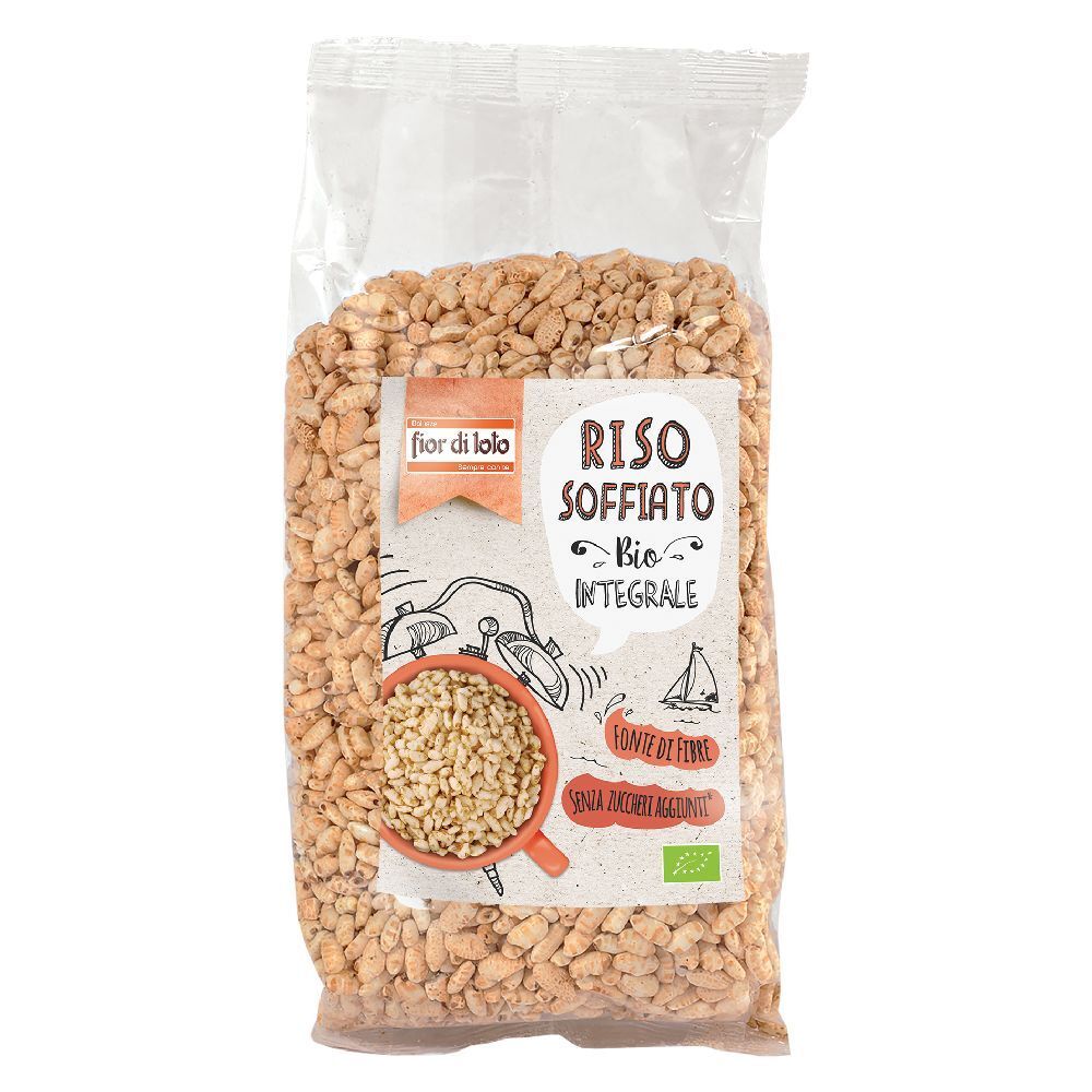 Confezione trasparente di Riso Soffiato Bio Integrale. Etichetta con nome prodotto, illustrazione e marchio bio.