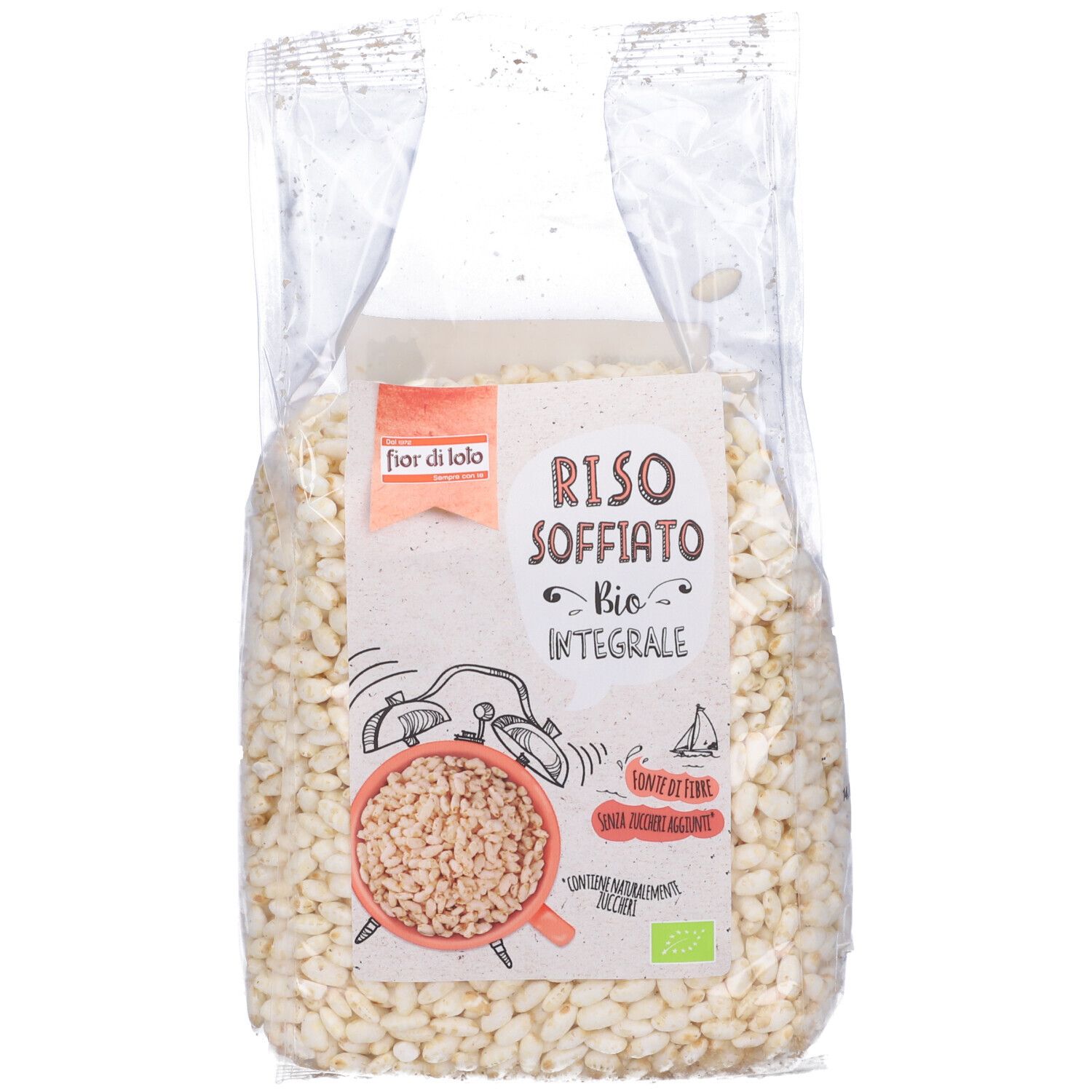 Confezione trasparente di Riso Soffiato Bio Integrale. Prodotto bianco. Etichetta con nome e marchio bio.
