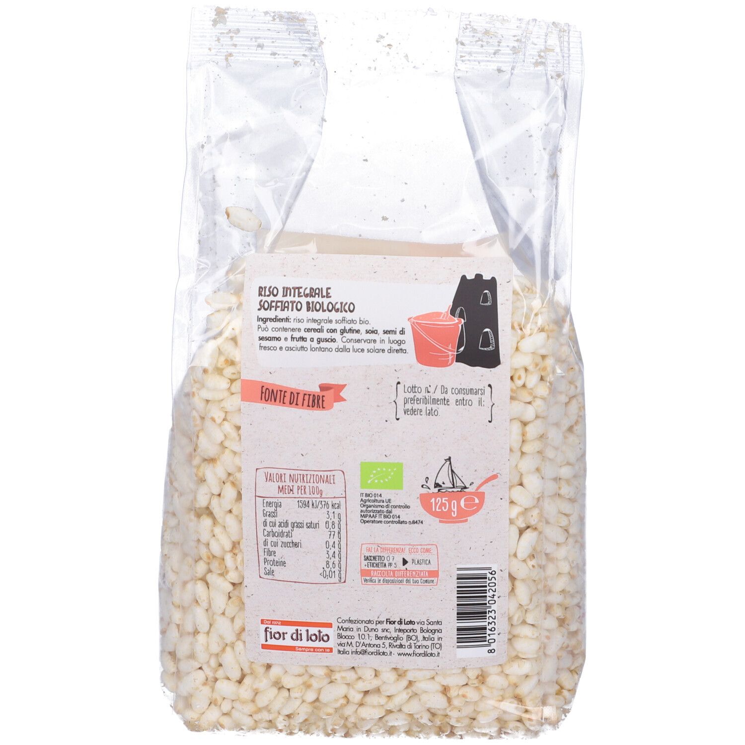 Retro confezione Riso Soffiato Bio Integrale. Contiene informazioni nutrizionali, marchio bio e indicazione 125g.