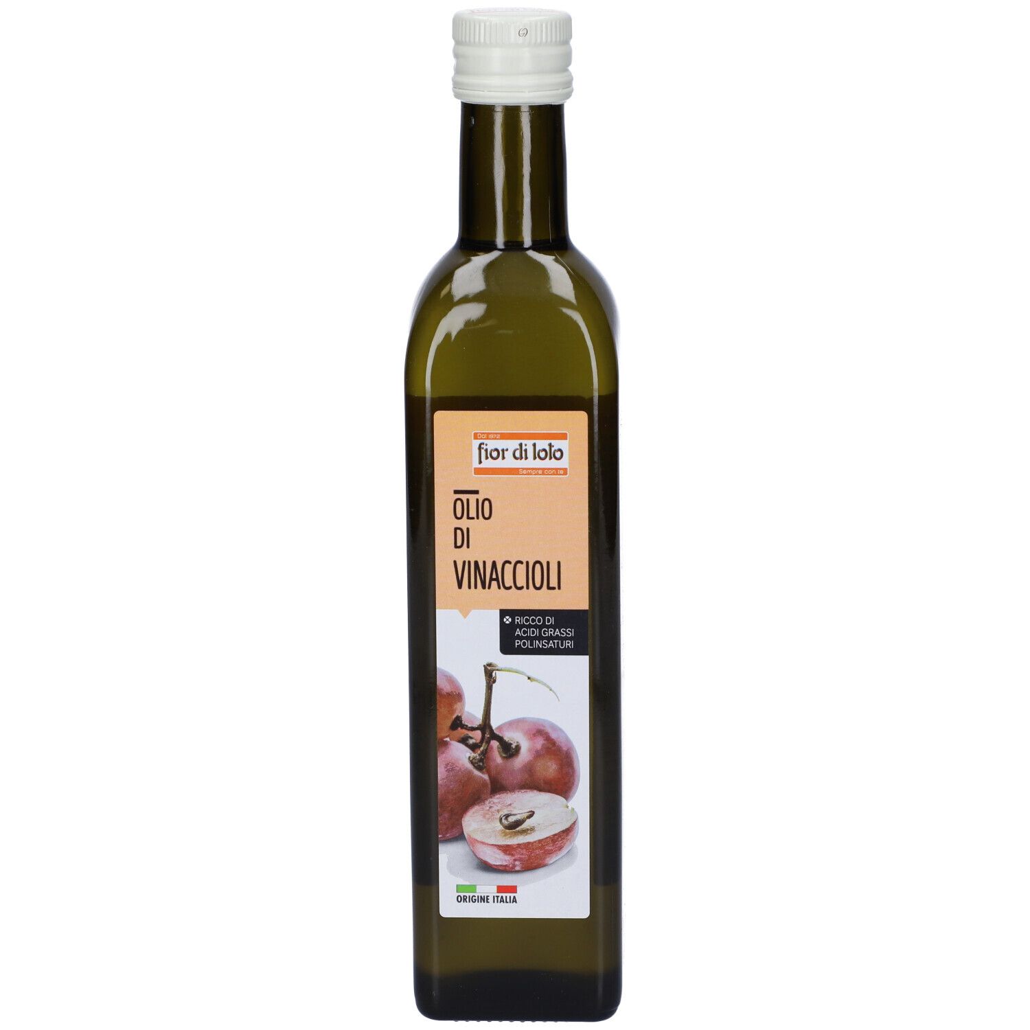 Bottiglia di vetro verde con tappo bianco. Etichetta con nome del prodotto e immagine di uva.