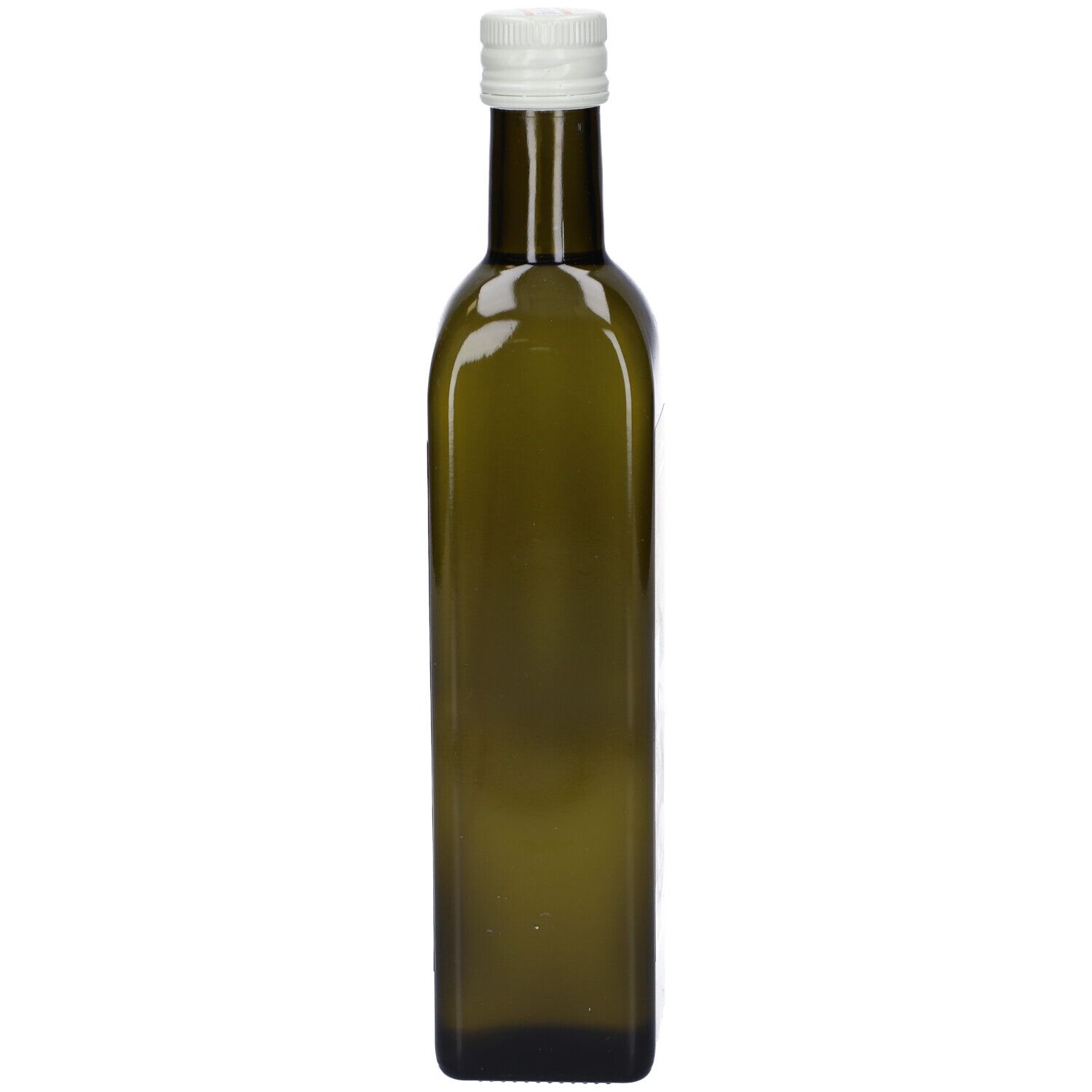 Bottiglia di vetro verde, vuota, con tappo bianco. Nome del prodotto non visibile.