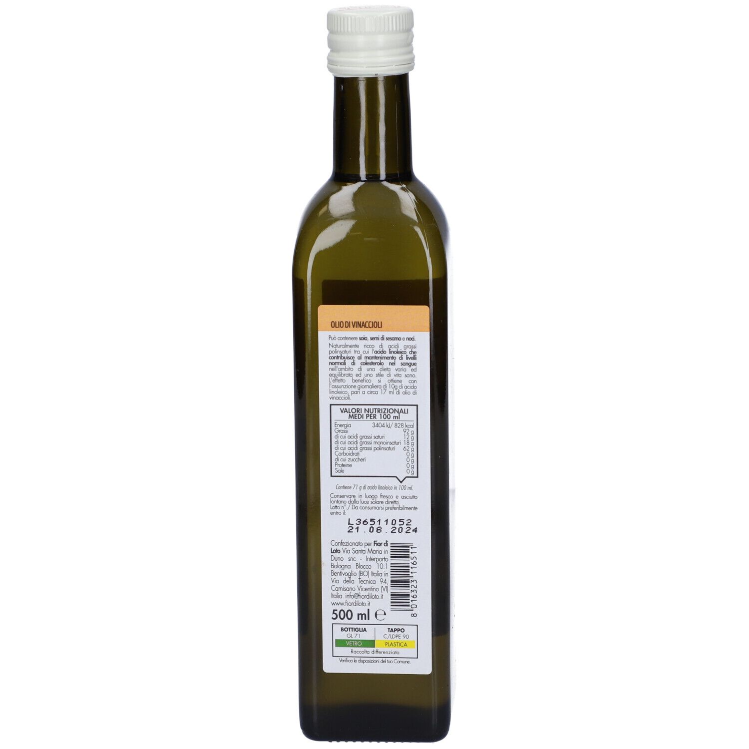 Retro della bottiglia di vetro verde. Etichetta con informazioni sul prodotto e ingredienti.