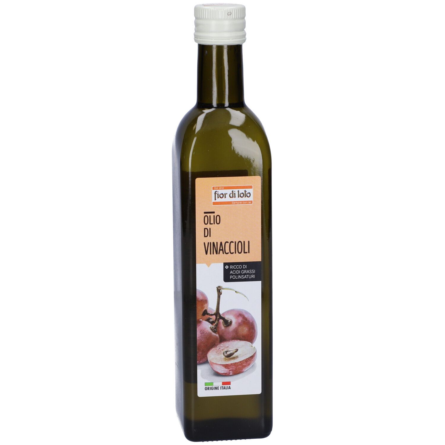 Bottiglia di vetro verde con tappo bianco. Etichetta con nome del prodotto e immagine di uva.